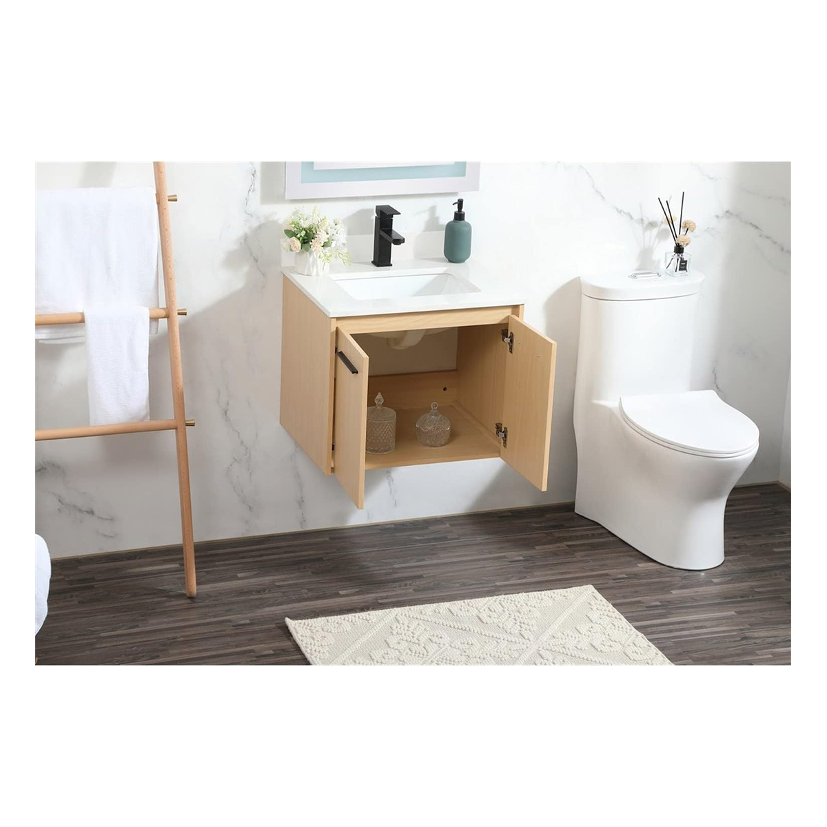 White VF44524MMP 24 x 18 Inch Complete Wall Mount Bathroom Vanity Set with Faucet Hole & 2 Maple Drawers - Perfect for Small Bathrooms, Powder Rooms & Space-Saving Home Renovations