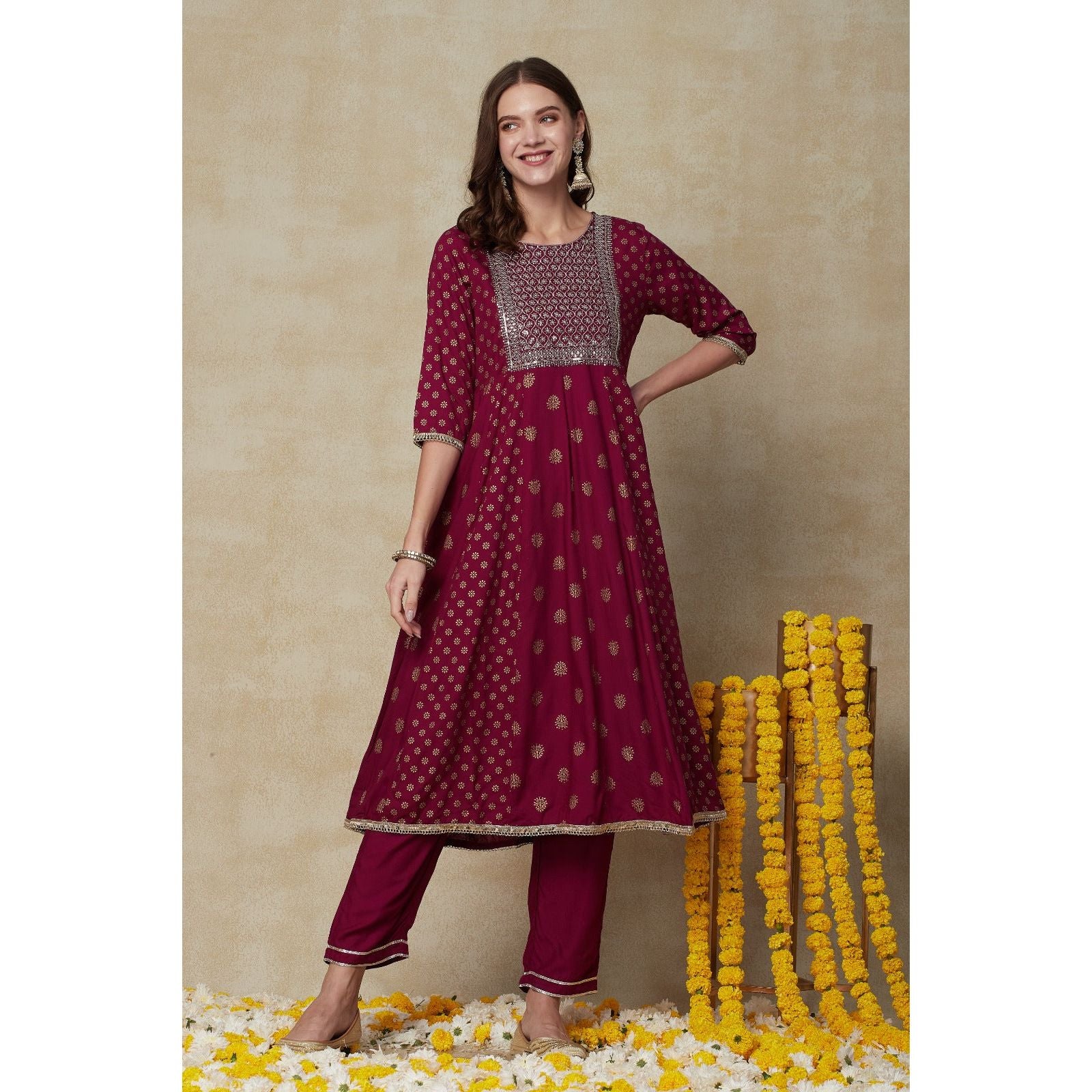 Printed Empire Cut Kurta Set for Women - Elegant Festive Ethnic Wear for Diwali, Weddings & Special Occasions