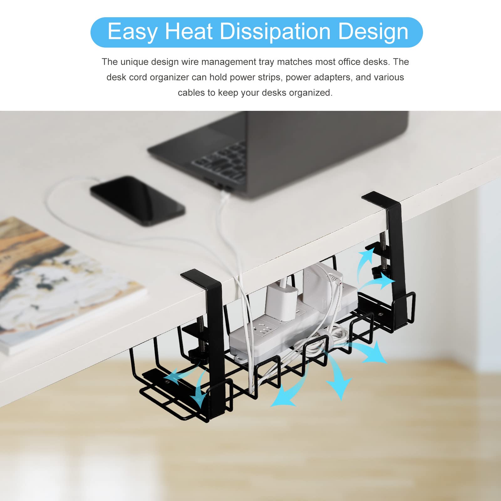 PATIKIL Under Desk Cable Management Tray - Black Wire Organizer for Office & Home - Keep Wires Neat Under Computer Desk, Gaming Setup & Home Theater