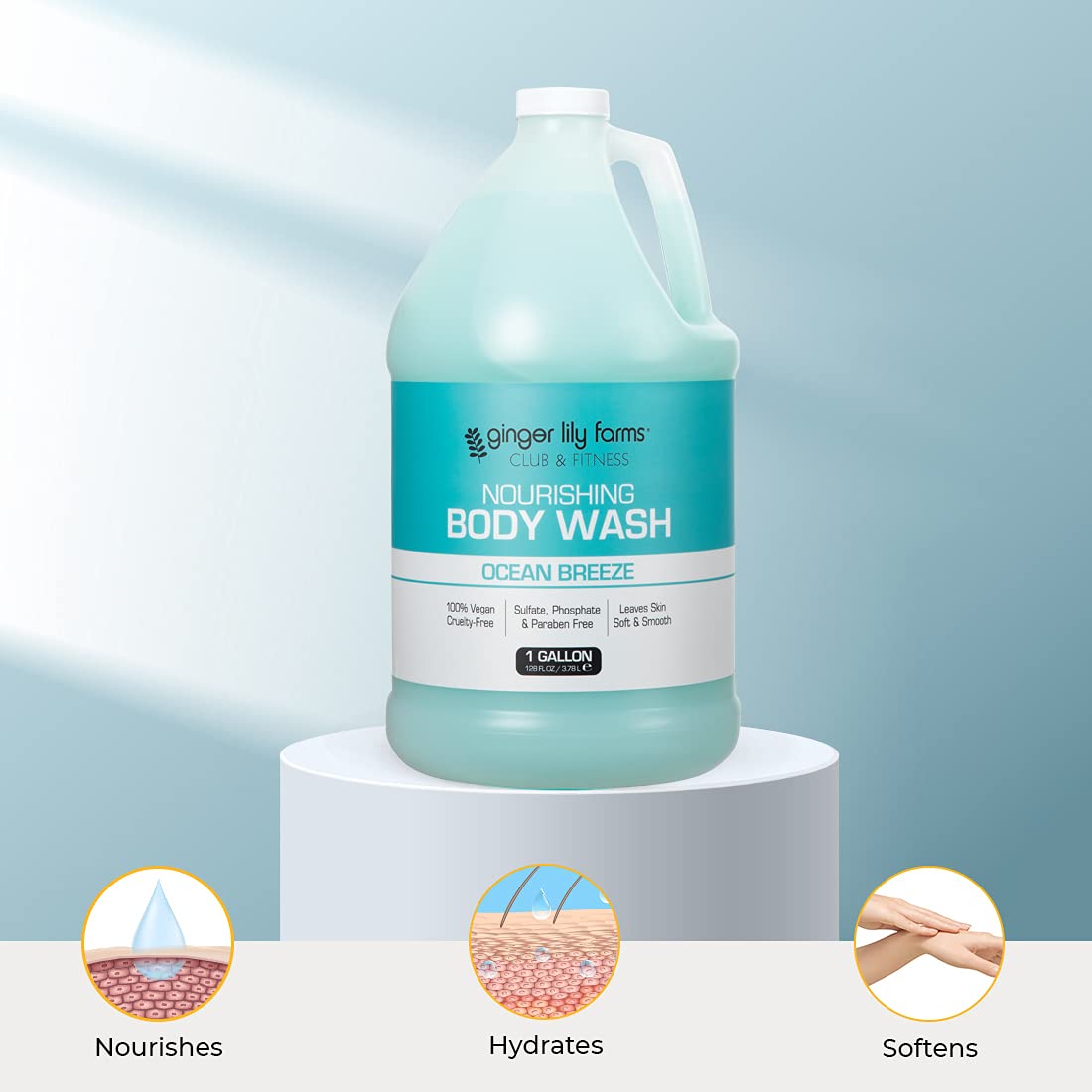 Ginger Lily Farms Club & Fitness Nourishing Body Wash - 100% Vegan, Cruelty-Free, Ocean Breeze Scent - 1 Gallon Refill (Pack of 4) - Perfect for Gyms, Spas & Home Use