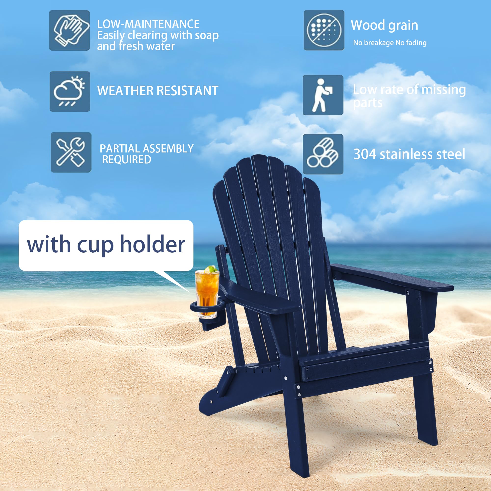 Folding Adirondack Chair with Cup Holder - Heavy Duty All-Weather HDPE, SGS Tested, Wooden Textured Design - Comfortable Outdoor Seating for Patio, Garden, Poolside & Backyard (Navy Blue)