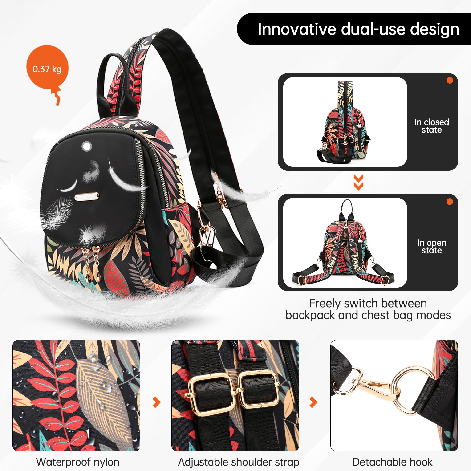 DIRRONA Women's Small Backpack - Stylish Crossbody Purse for Travel, Work & Outdoor | Cute Shoulder Bag with Nylon Printed Design | Perfect for Camping, Hiking & Daily Use (Black)