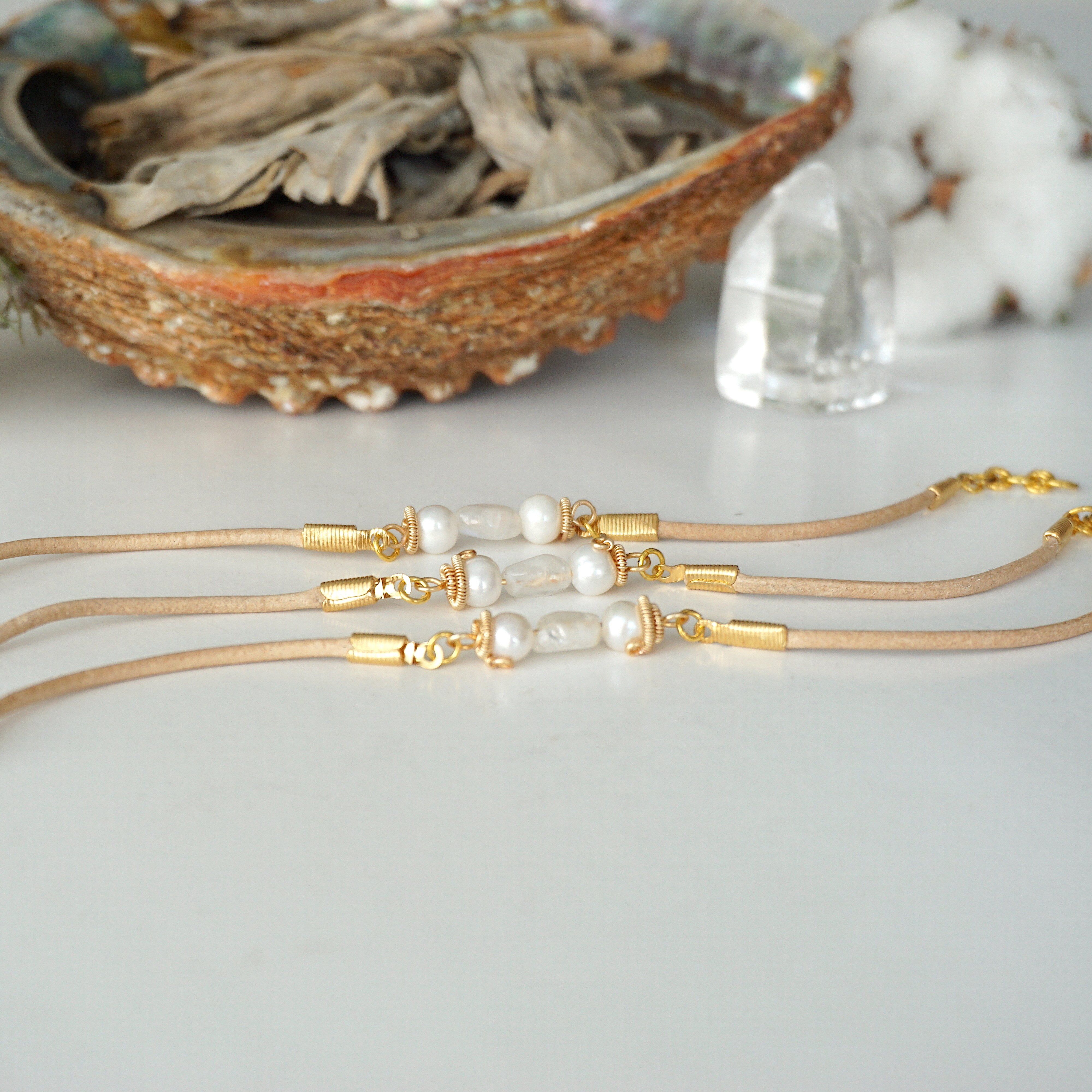 Pearl and Moonstone Bracelet - Gold Plated Tan Leather Jewelry for Women | Boho Chic, Wedding, Party & Everyday Wear