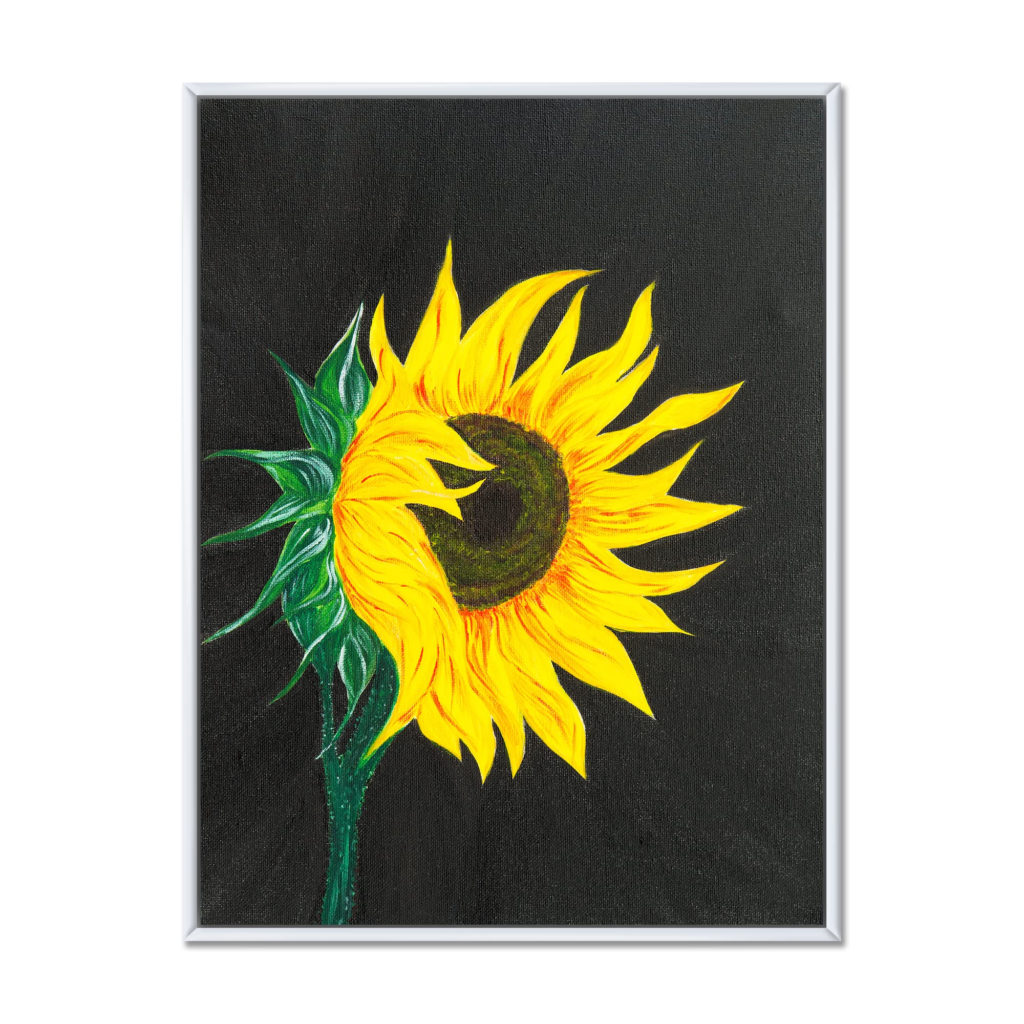 Sunflower on Black - Traditional Framed Canvas Wall Art Print for Home & Office Decor | Vintage Floral Painting | Ready to Hang Living Room Bedroom Wall Decor