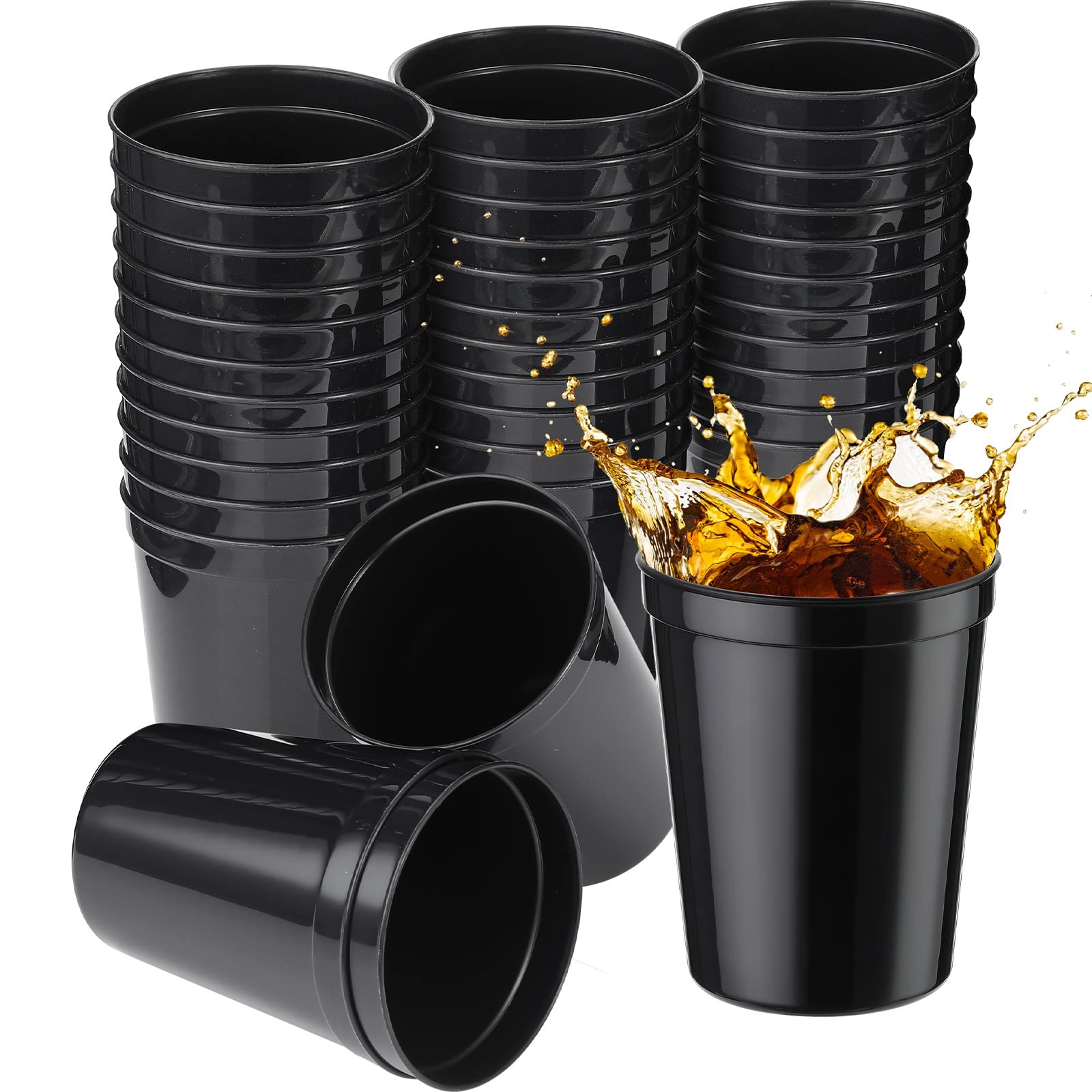 36 Pack 16oz Reusable Plastic Stadium Cups - Blank Black Drink Tumblers for Parties, Events, DIY Projects (4.5 x 3.54 x 2.72 Inch) - Perfect for Tailgates, BBQs, Weddings & Outdoor Gatherings