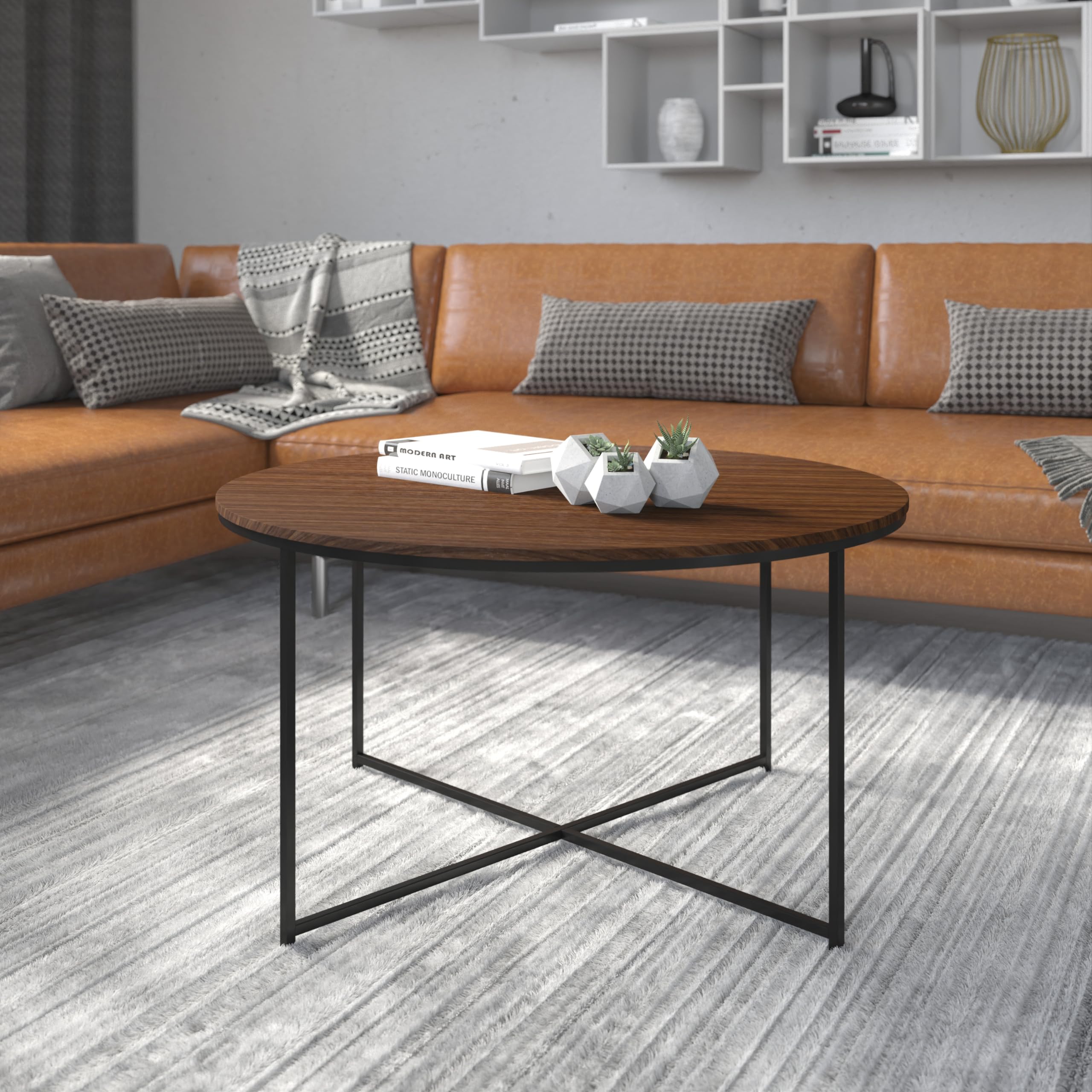 Hampstead Collection Modern Walnut Finish Coffee Table with Crisscross Matte Black Frame - Stylish Living Room Centerpiece for Home Decor