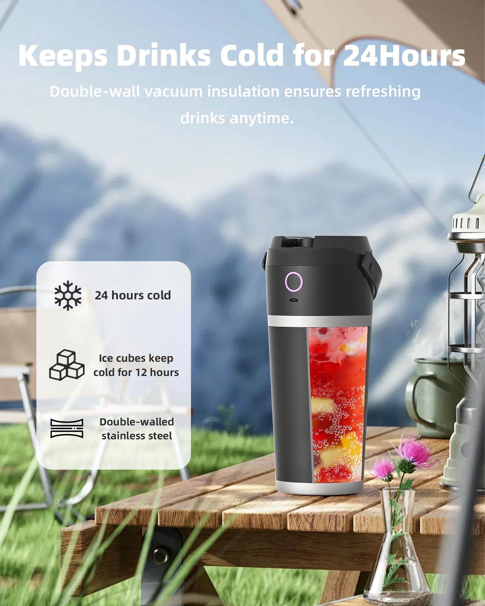 Portable Blender with Insulated Stainless Steel Cup - 20oz Personal Smoothie Maker with 11.1V High-Torque Motor, 24-Hour Cold Retention, USB-C Rechargeable & Self-Cleaning - Perfect for Travel, Gym, Office & Home Use - Includes Travel Lid (Black)