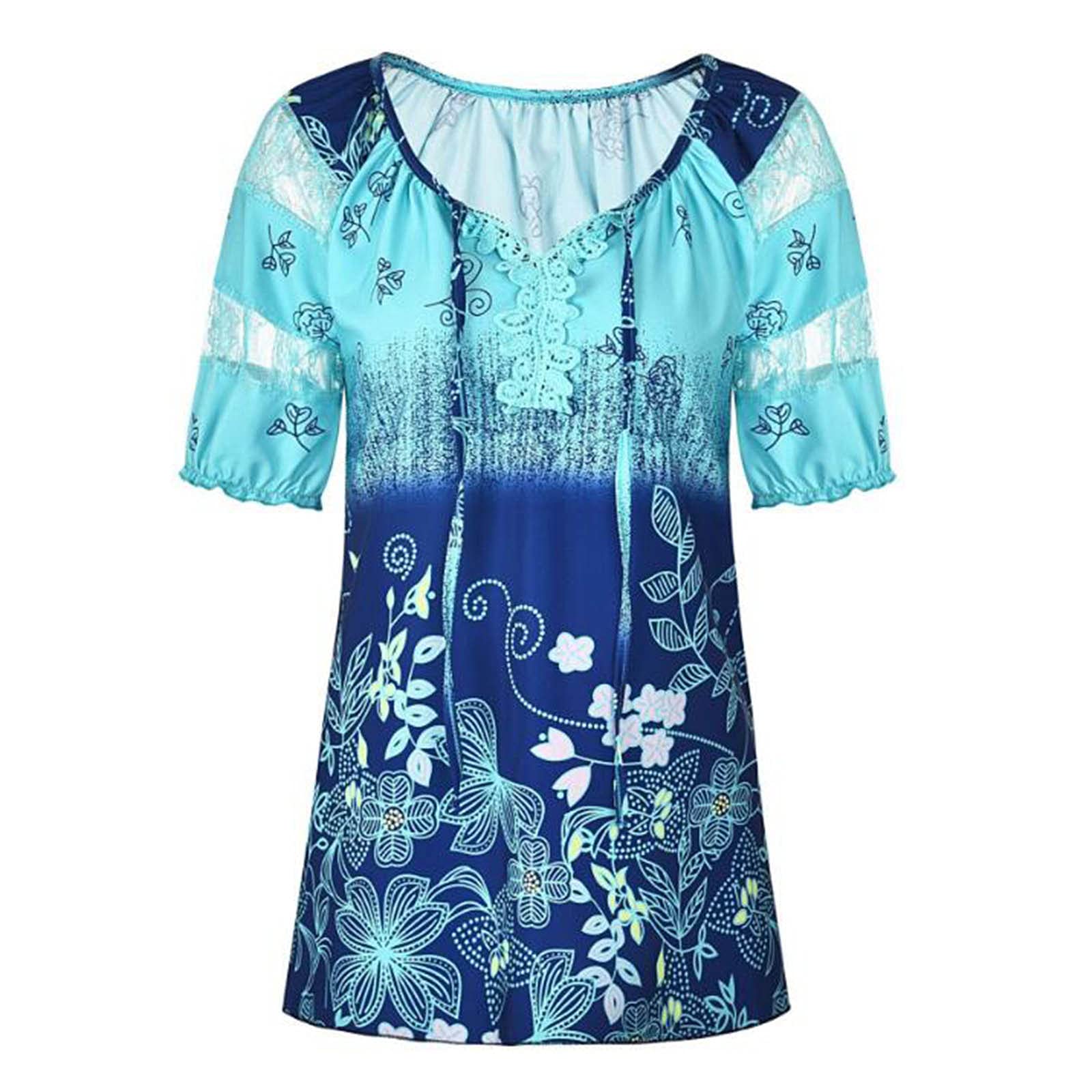 Women's Lace Sleeve V-Neck Blouse with Drawstring & Floral Print - Stylish Oversized Summer Tops for Casual Outings, Beach Wear, and Boho Fashion