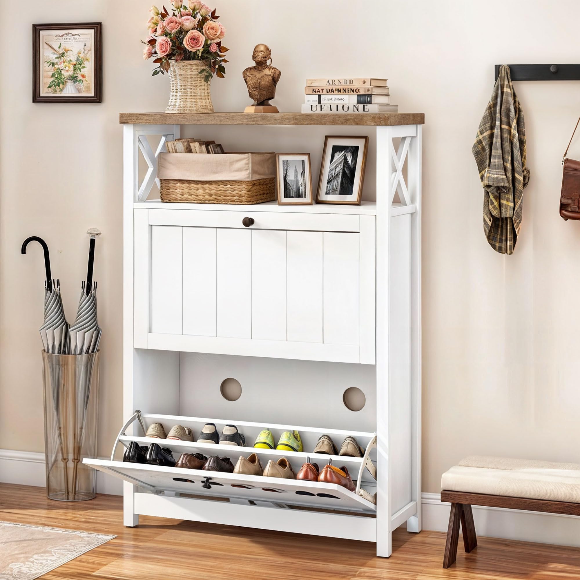 DWVO White Shoe Storage Cabinet with 2 Flip Drawers - Space Saving Entryway Organizer for Shoes, Boots & Accessories | Perfect for Hallway, Closet & Mudroom Organization