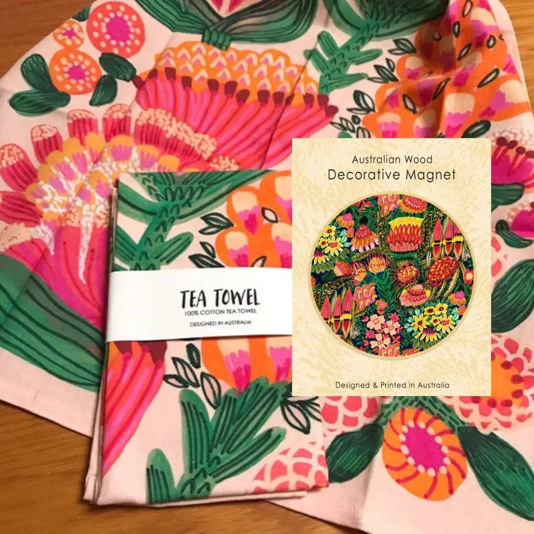 Grevillea Garden Tea Towel & Wooden Fridge Magnet Gift Set - Australian Floral Design Kitchen Accessories for Home Decor & Housewarming Gifts