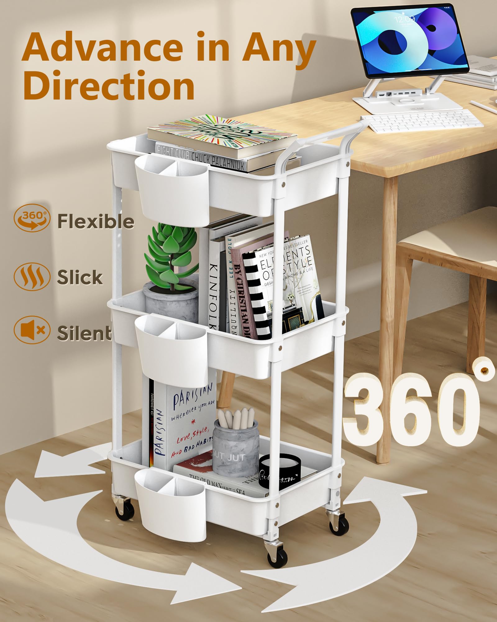 HBTower 3-Tier Rolling Storage Cart with Hanging Cups - Multi-Purpose Mobile Organizer for Kitchen, Bathroom, Office & Makeup - White | Perfect for Small Space Organization, Coffee Station Setup & Beauty Product Storage