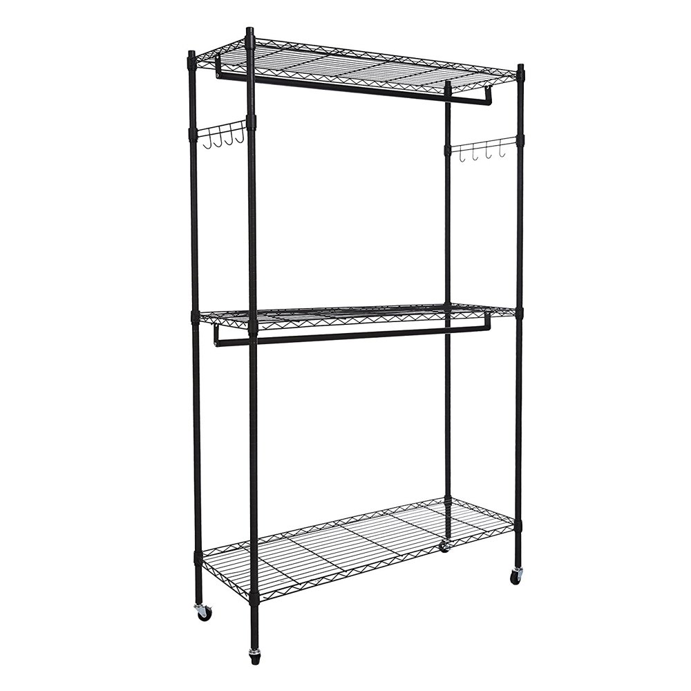 JIAD Heavy Duty Double Rod Rolling Clothing Rack - 3-Tier Wire Shelving Garment Organizer with Wheels & Side Hooks | Perfect for Bedroom Closet, Retail Store Display & Laundry Room Storage
