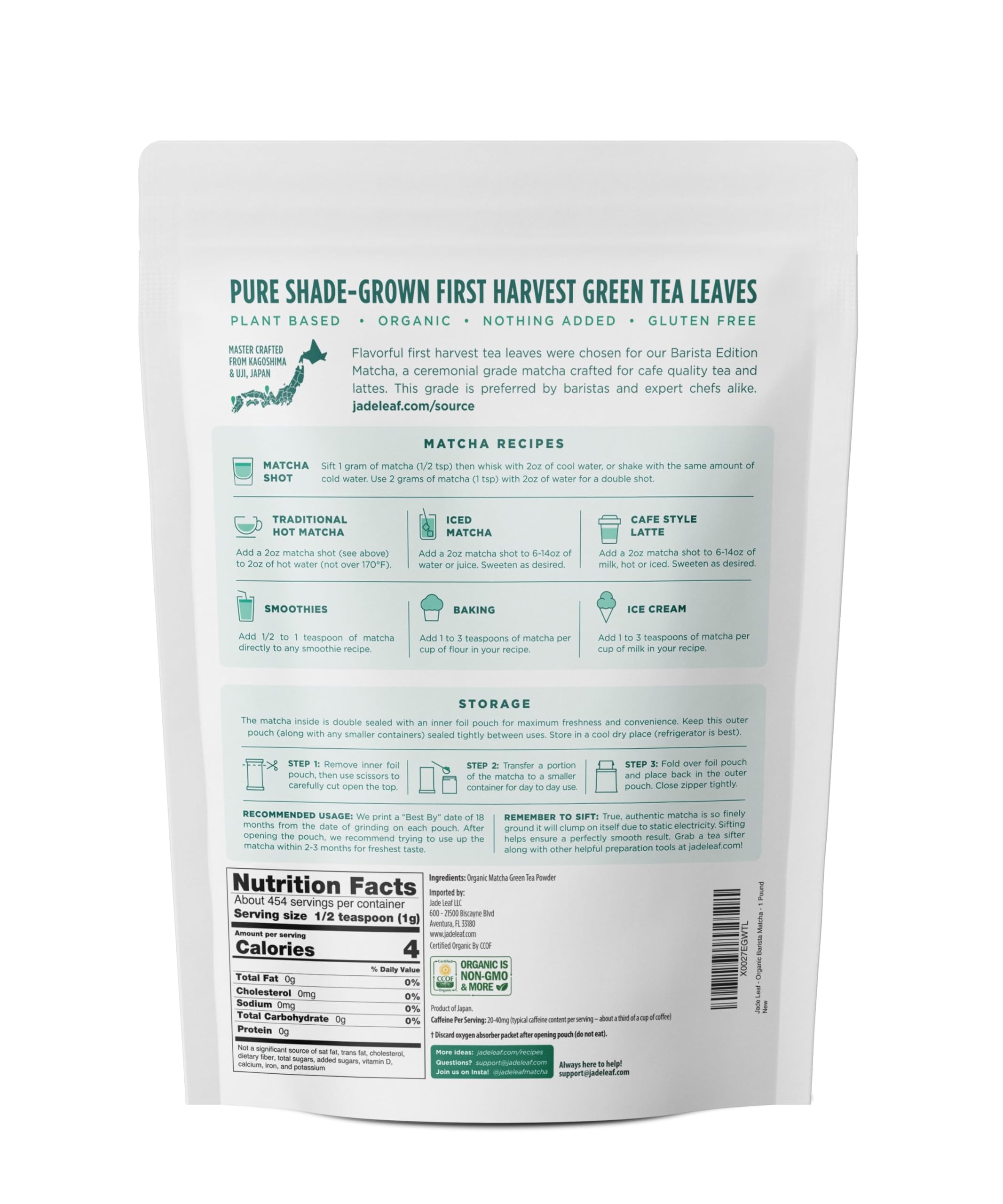 Premium Organic Ceremonial Grade Matcha Green Tea Powder - Authentic Japanese Origin - Barista Edition for Cafe Quality Tea & Lattes - 1 Pound Bulk (Ideal for Home Brewing, Smoothies, Baking & Wellness Drinks)
