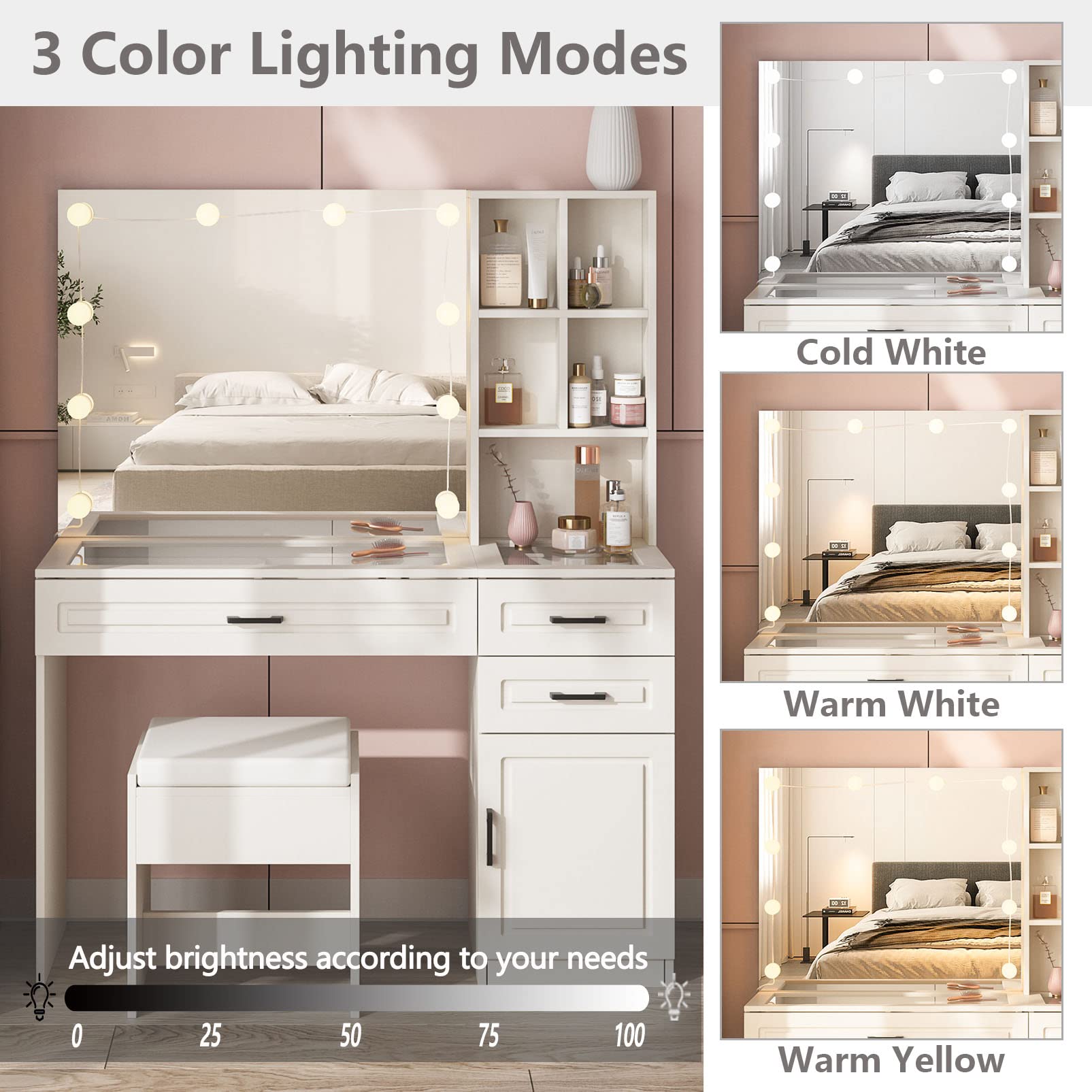 Fameill White Vanity Desk with Mirror and LED Lights - Glass Top Makeup Table with 3 Drawers & Storage Cabinets - Large HD Mirror Dressing Table - 3 Lighting Modes & Adjustable Brightness - 45 Inch Vanity Desk for Bedroom, Bathroom & Dorm Room Makeup Organization