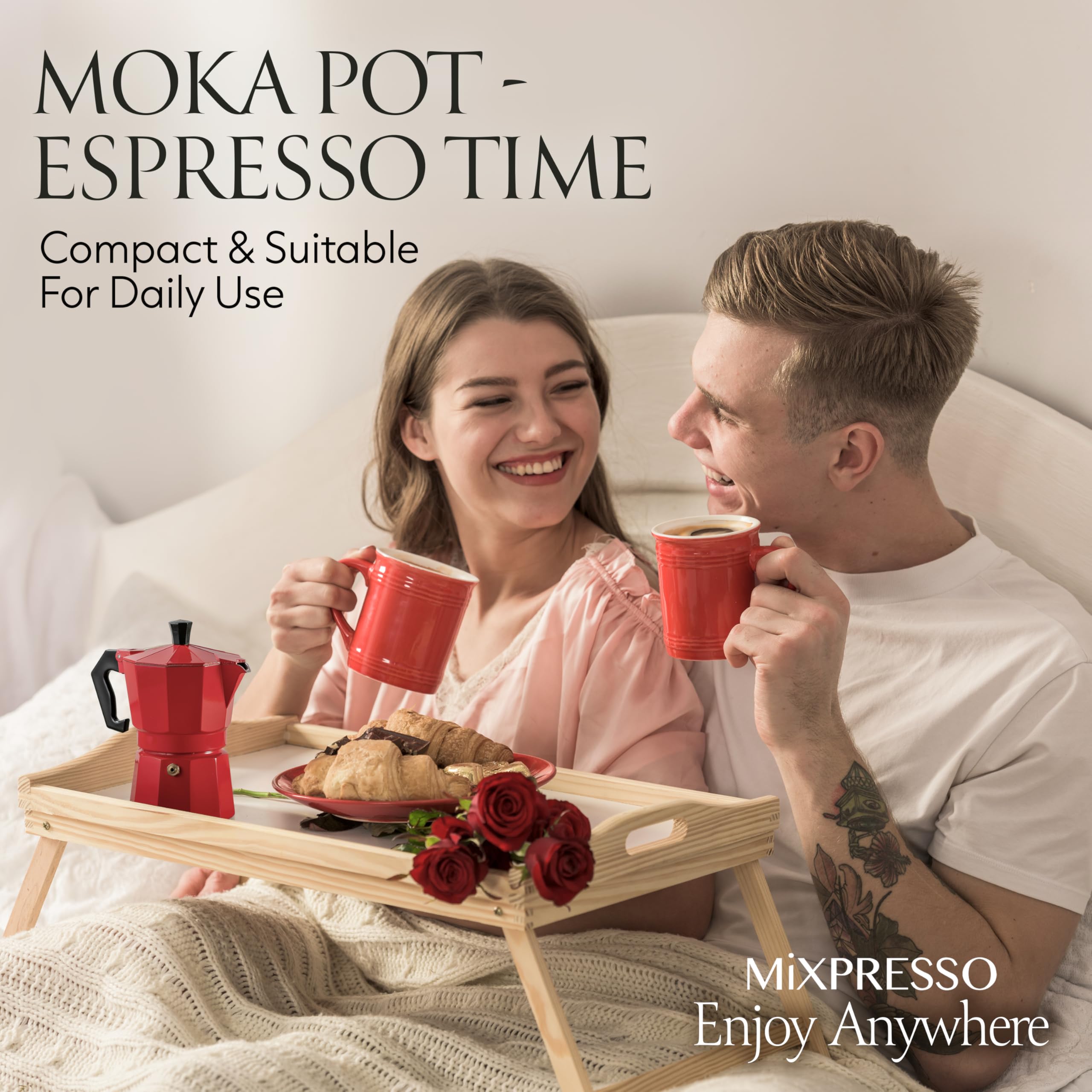 Mixpresso Aluminum Moka Stove Top Coffee Maker with 5oz Coffee Mug - Classic Italian Espresso Maker for Gas & Electric Stoves - 3 Cup Greca Moka Pot for Home, Office & Camping Use