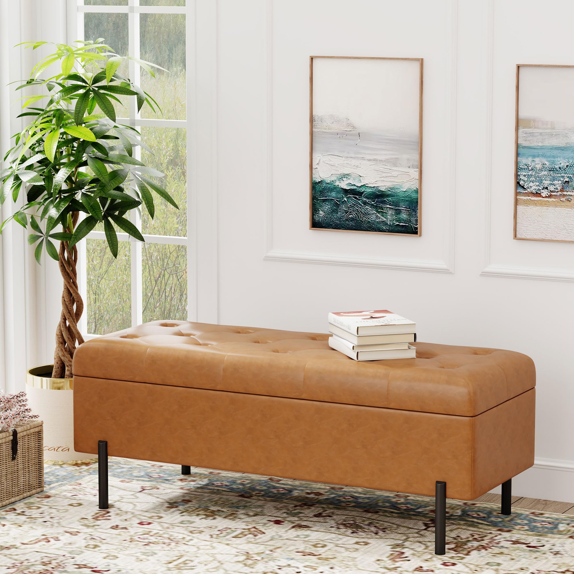 Andeworld Storage Bench - Faux Leather Upholstered Tufted Ottoman with Storage for Bedroom, Living Room & Entryway - Modern Brown Bench Seat - Perfect for Extra Seating, Shoe Storage & Home Decor