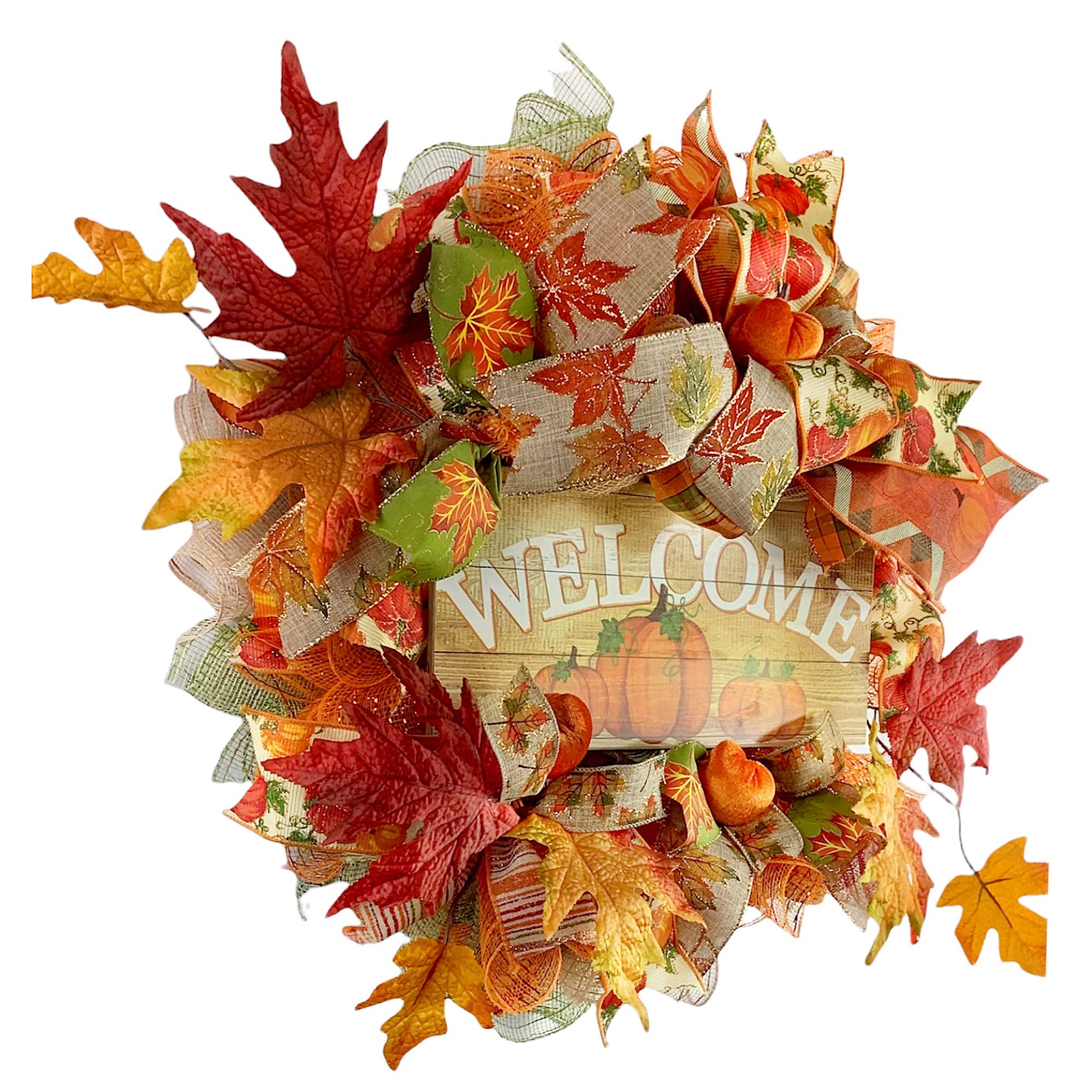 Handmade Autumn Wreath with Velvet Pumpkins & Fall Leaves - Rustic Front Door Decor for Thanksgiving, Halloween & Seasonal Home Decoration