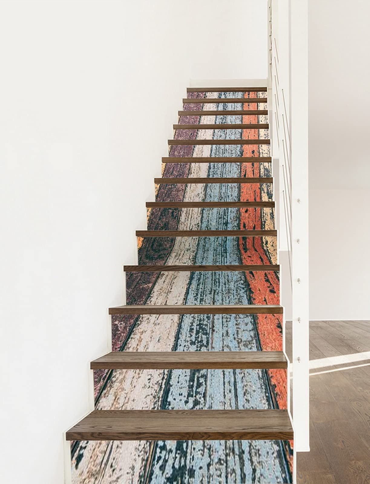 3D Self-Adhesive Removable Stair Stickers - Grunge Colorful Wooden Plank Vinyl Decals for Floors, Walls & Stairs - 13-Piece Set for Kitchen, Bathroom & Home Decor