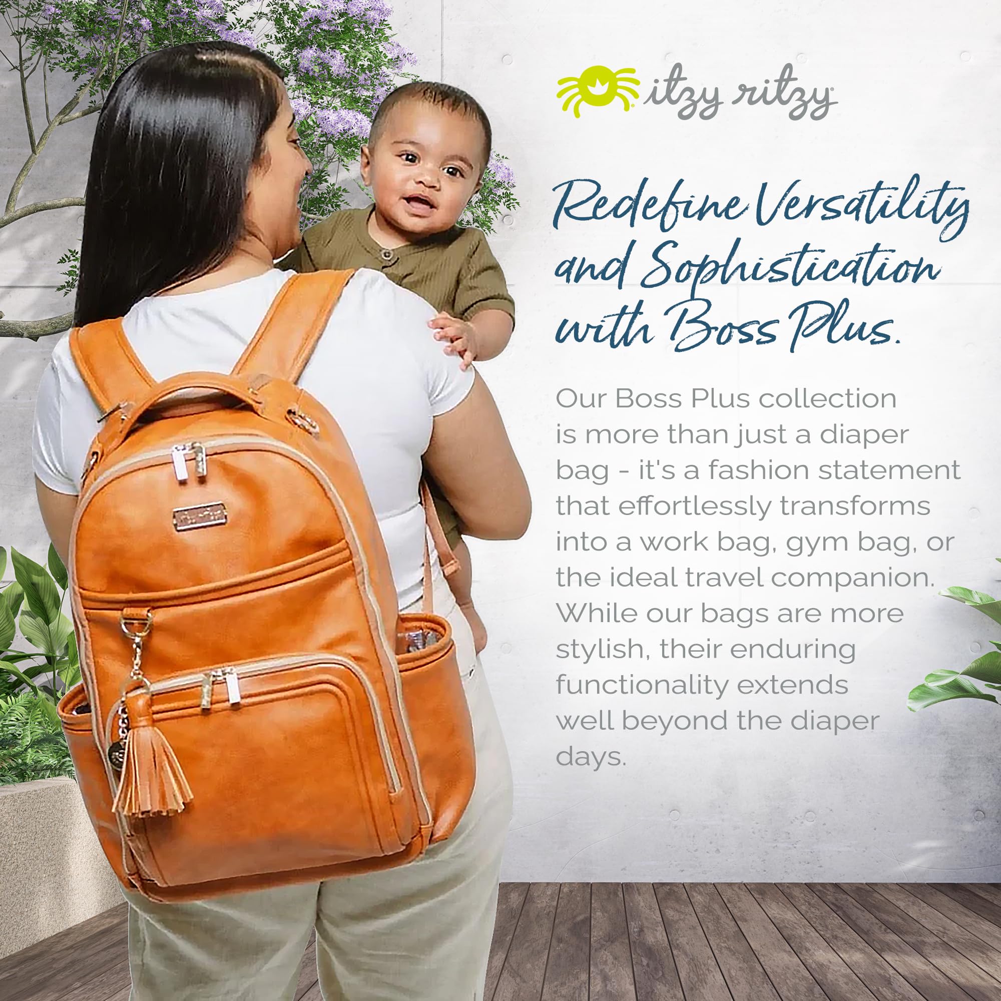 Itzy Ritzy Boss Plus Baby Diaper Backpack – Large Capacity with 19 Pockets, Changing Pad & Stroller Clips | Comfortable Shoulder Straps in Cognac | Perfect for Moms, Dads & Caregivers on the Go