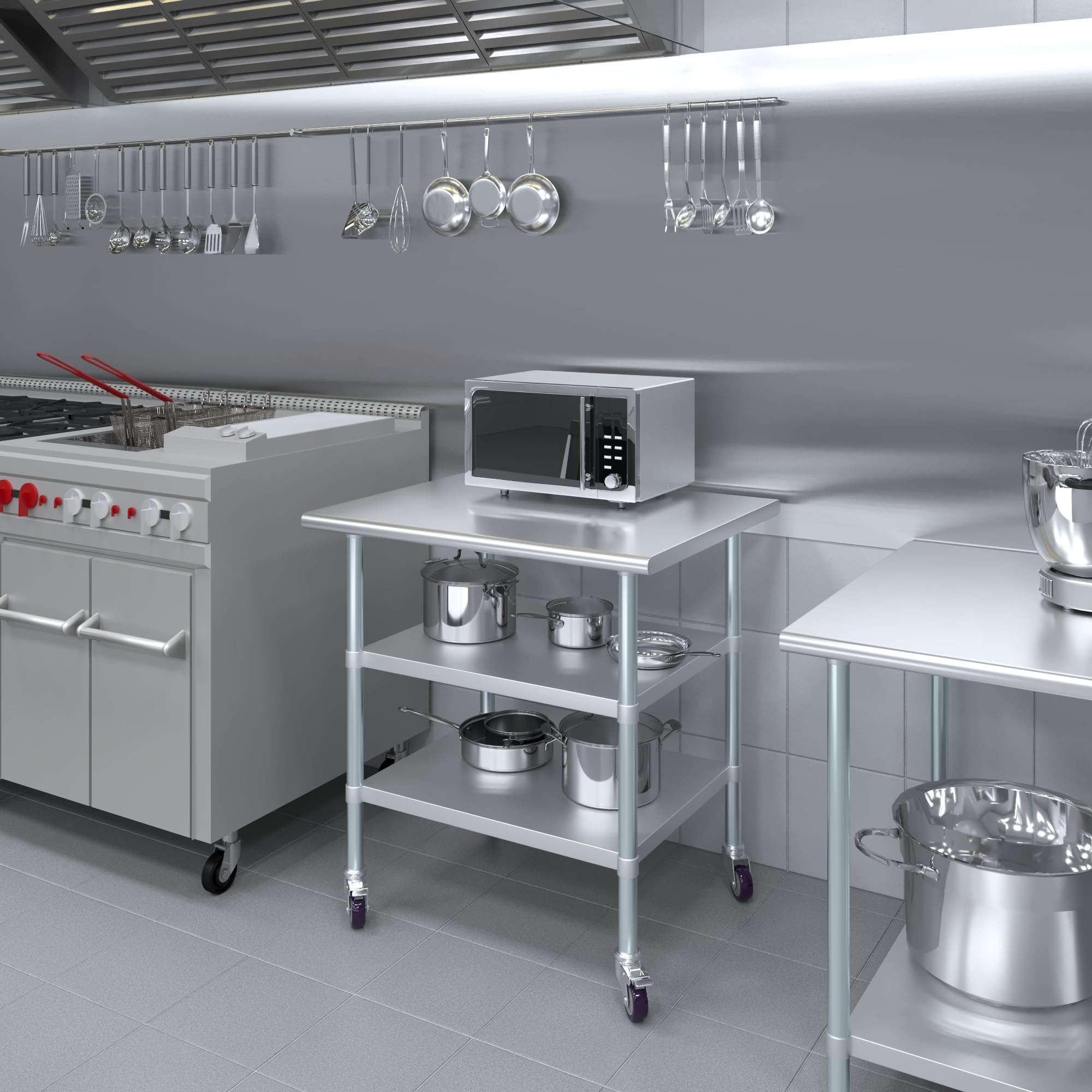 AmGood Stainless Steel Work Table with 2 Adjustable Shelves & Locking Casters | Heavy Duty Metal Utility Table 36