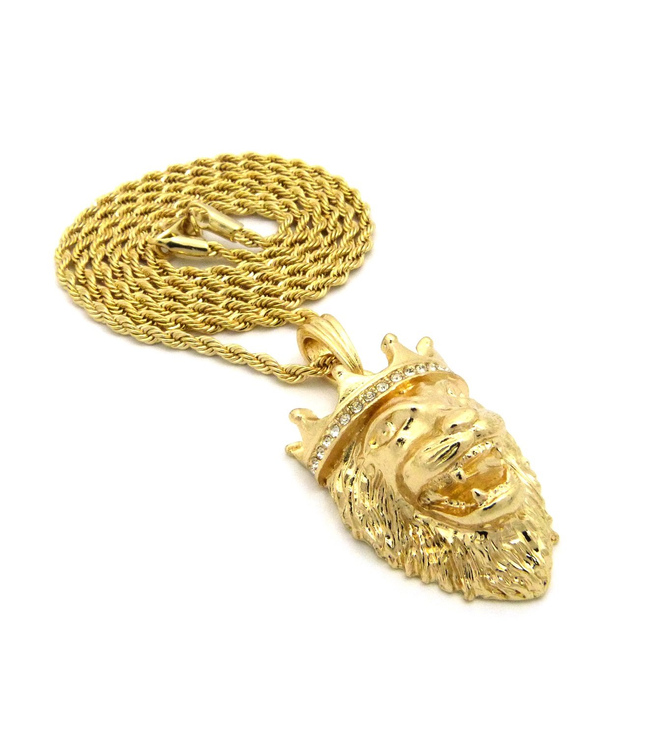 Iced Out Micro King Crown Roaring Lion Pendant Necklace - 2mm 24