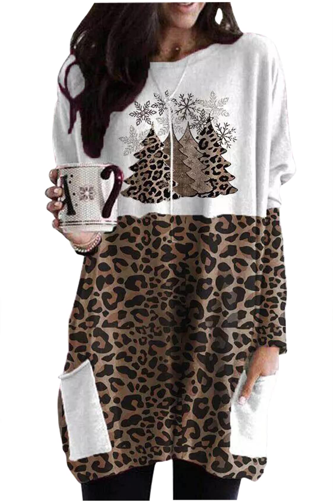 Women's Christmas Tree Leopard Print Mini Dress - Long Sleeve Color Block T-Shirt Dress for Holiday Party & Vacation Outfits | Perfect for Christmas Gatherings, Office Parties & Winter Vacations