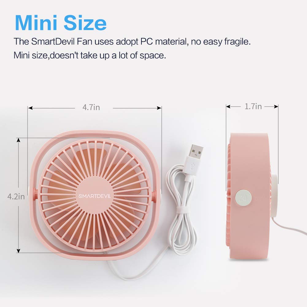 SmartDevil Mini USB Desk Fan - 3 Speed Adjustable, Strong & Quiet Cooling Fan for Home, Office, Car & Travel - Portable USB Powered Desktop Fan (Pink) - Perfect for Work Desks, Bedside Tables & Outdoor Adventures