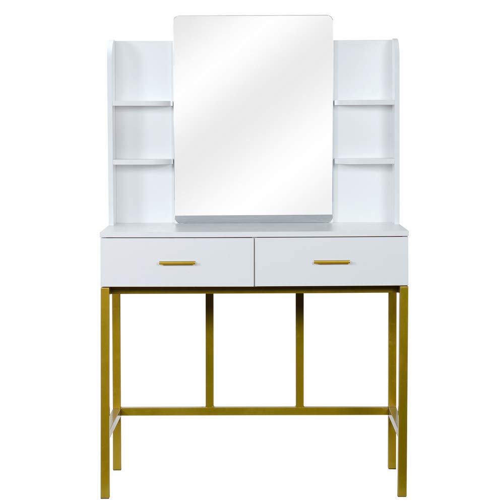 GBB White Steel Frame Vanity Table with Desktop Mirror, 2 Drawers & Stool - Elegant Dressing Table for Bedroom, Hair Salon & Makeup Studio | Perfect for Home Decor, Professional Styling & Beauty Studios