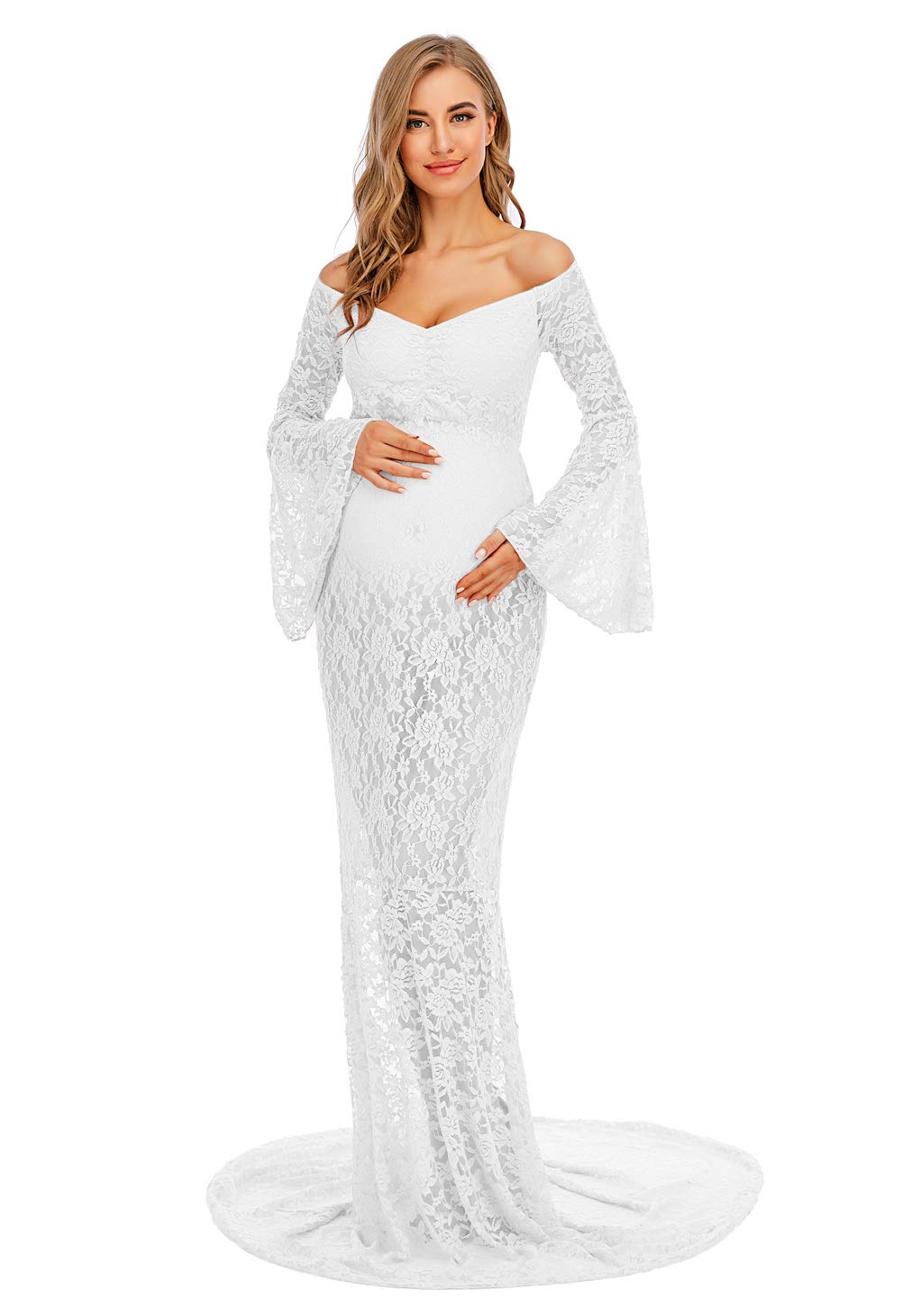 ZIUMUDY Flared Sleeve Lace Maternity Maxi Dress - Off Shoulder See-Through Sexy Pregnancy Gown for Photoshoot, Baby Shower & Special Occasions