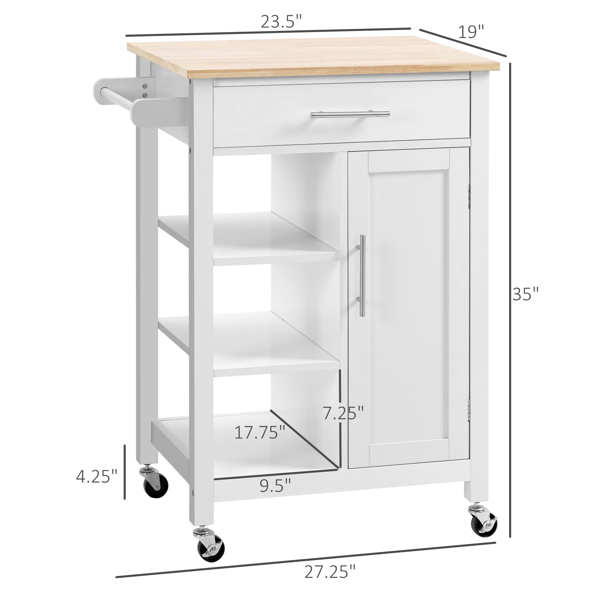 HOMCOM White Kitchen Island Cart with Solid Wood Top, Storage Shelf & Drawer - Mobile Kitchen Organizer for Dining Room, Small Space & Apartment Cooking
