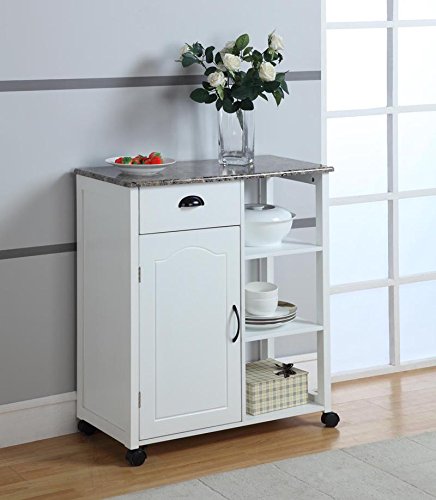 King's Brand White Finish Wood & Marble Vinyl Top Kitchen Storage Cabinet Cart - Perfect for Small Spaces, Pantry Organization & Dining Room Storage