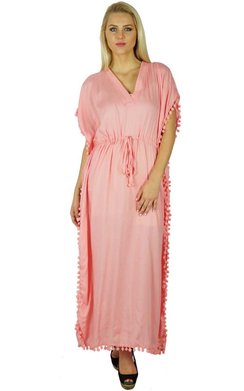 Bimba Women's Long Printed Kaftan Dress - Soft Modal Cotton Beach Cover Up, Maxi Dress for Summer, Light Pink | Perfect for Beach Vacations, Pool Parties & Boho Fashion
