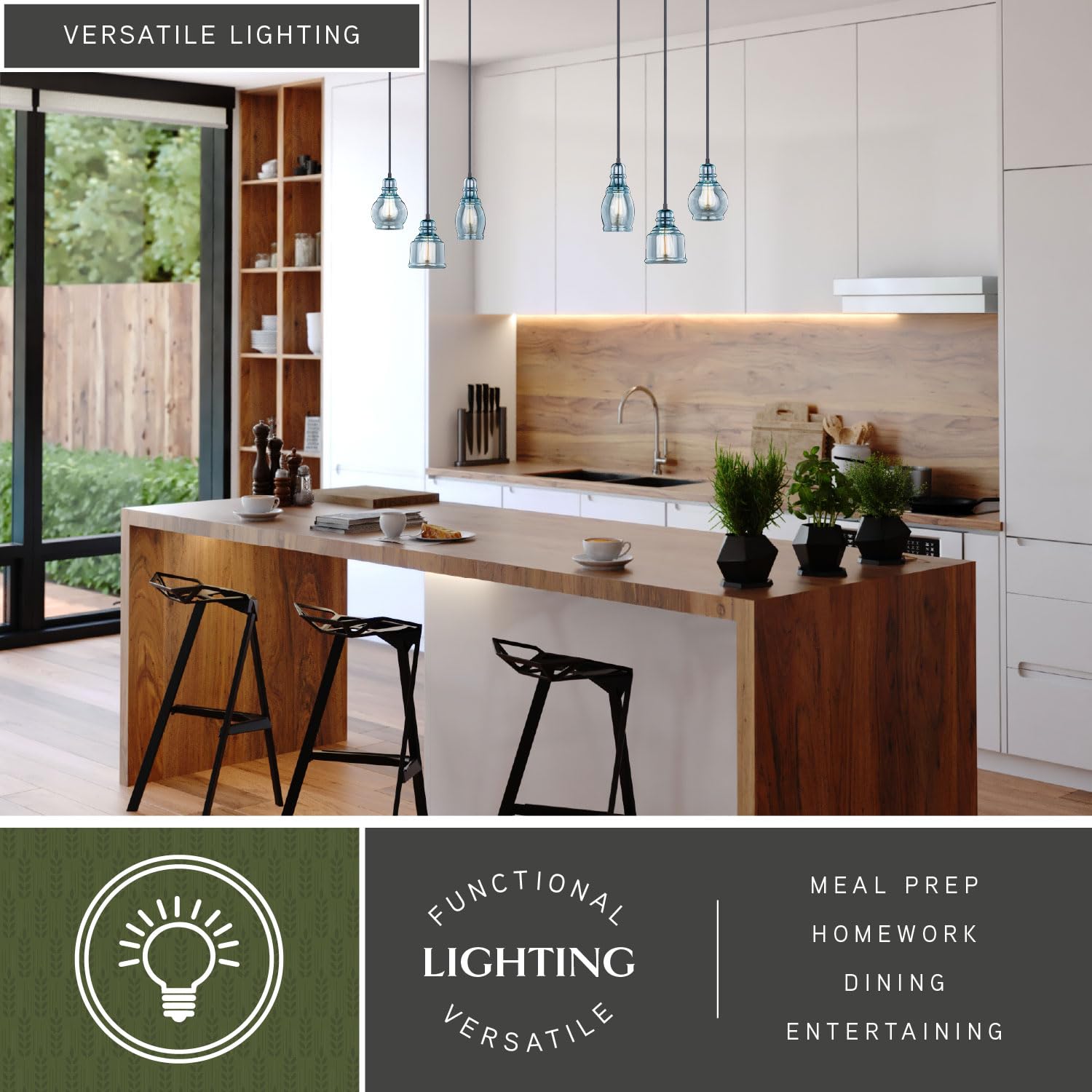 VAXCEL Millie 3L Bronze Farmhouse Jar Pendant Chandelier - Blue Glass Ceiling Light Fixture for Kitchen Island, Dining Room & Bedroom Lighting