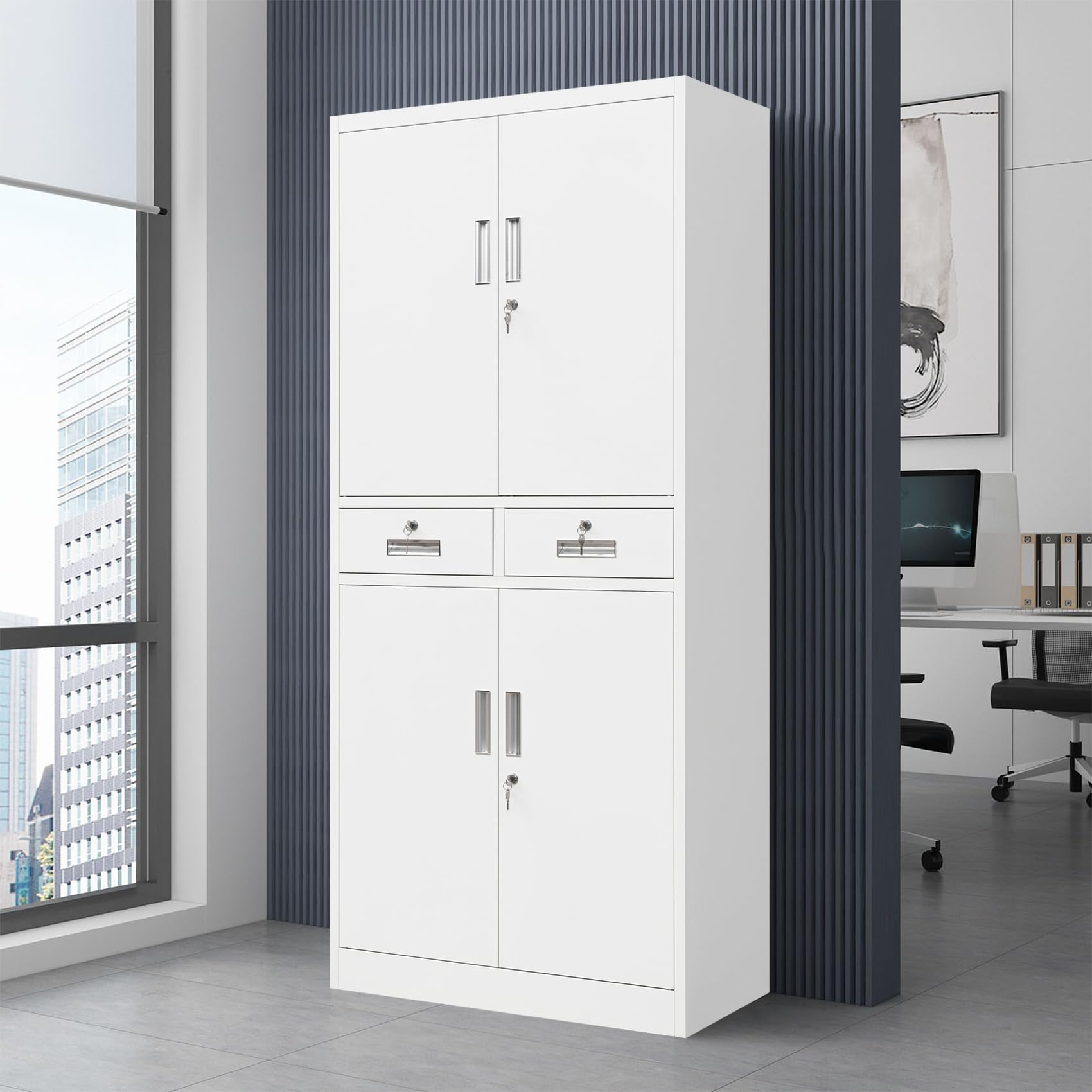 BESFUR Metal Storage Cabinet with Lock, 4 Drawers & Adjustable Shelves - Heavy Duty Garage Storage, Office Organization, Classroom Supplies - White Cabinet for Tools, Files & School Materials