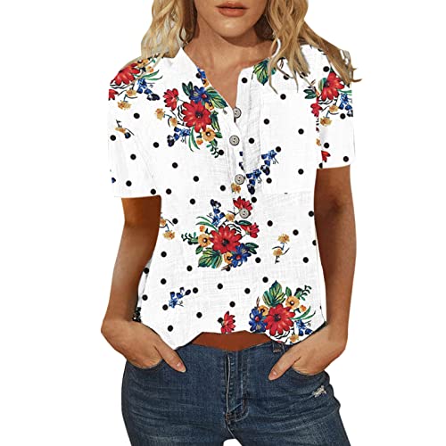 Women's Casual Floral Polka Dot Button-Up Short Sleeve T-Shirt Blouse - Wine Red & White Color Options (S-XXL) | Perfect for Summer Outfits, Beach Wear & Casual Office Looks