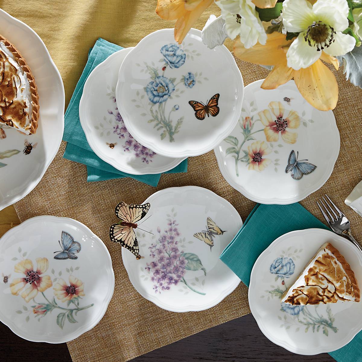 Butterfly Meadow 6-Piece Dessert Plate Set - Elegant Floral Appetizer Dishes for Tea Parties, Bridal Showers & Home Decor