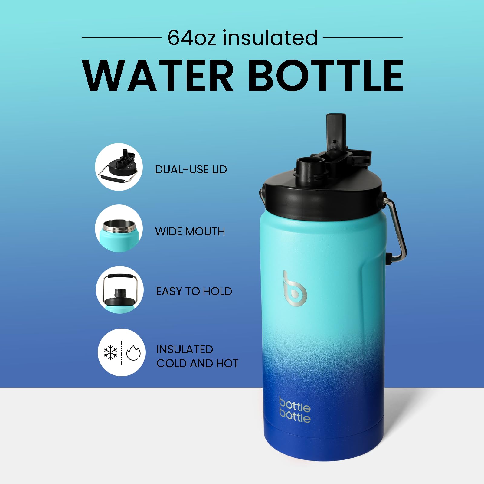 64oz Insulated Stainless Steel Water Bottle with Straw & Dual-Use Lid - Half Gallon Vacuum Thermos for Gym, Hiking & Sports - Blue Gradient Beer Growler with Handle - Perfect for Workouts, Camping & Outdoor Adventures