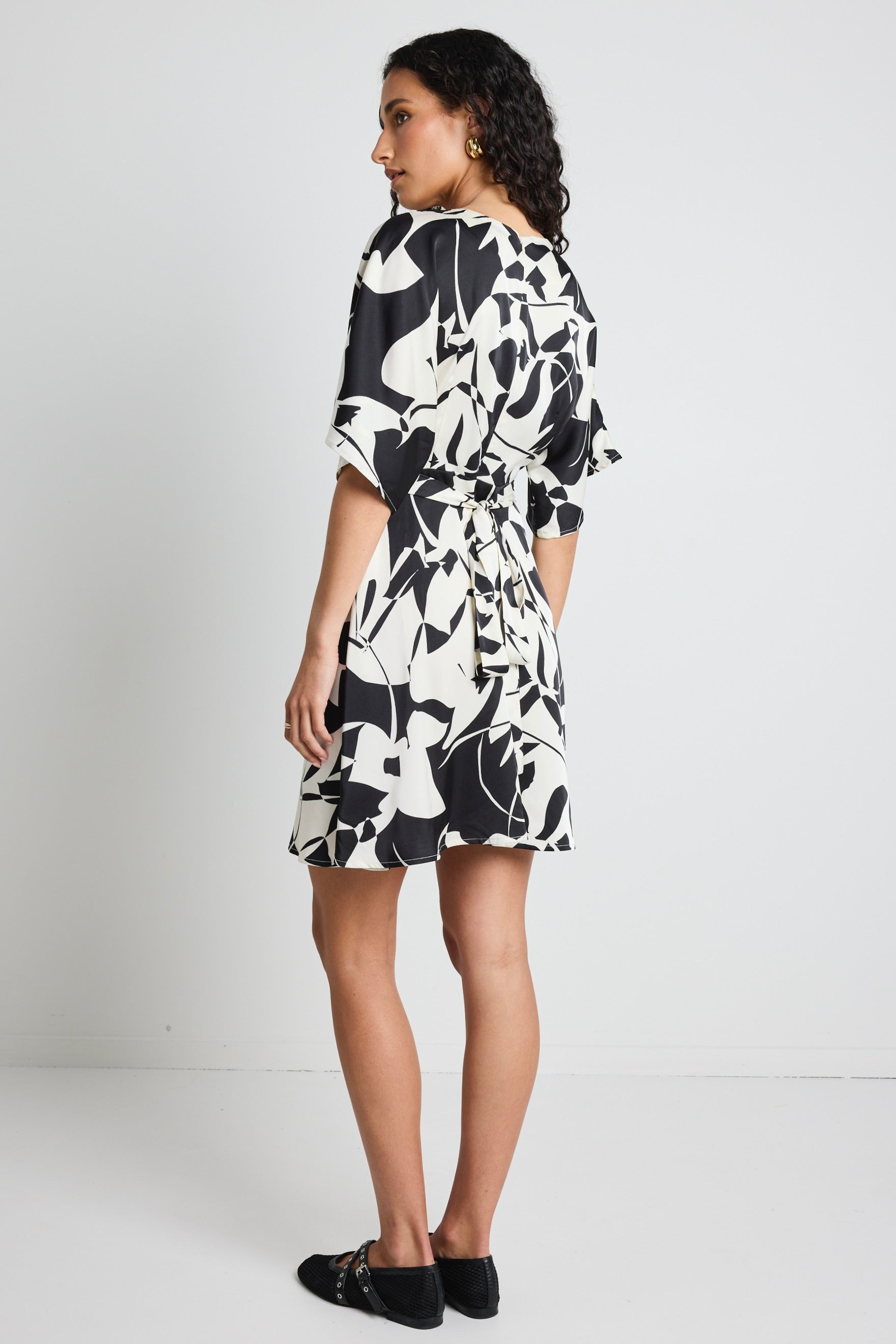 Dali Black & White Satin Short Sleeve Kimono Mini Dress - Sexy Summer Outfit for Beach, Party & Date Night