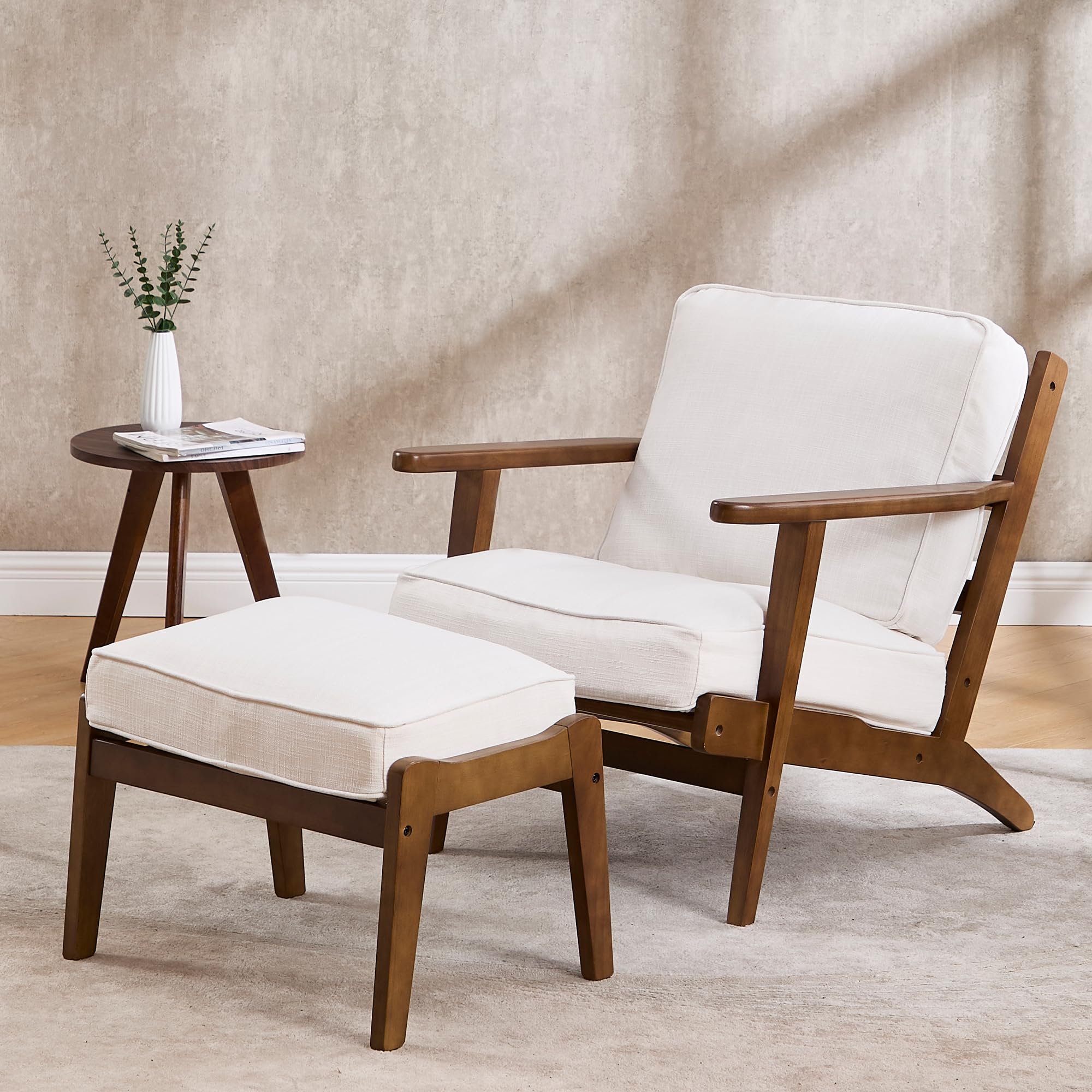Mid Century Modern Accent Chair with Ottoman - Solid Wood Frame Upholstered Fabric Armchair for Living Room, Bedroom, Reading Nook - Elegant Beige Lounge Chair for Relaxation & Home Decor