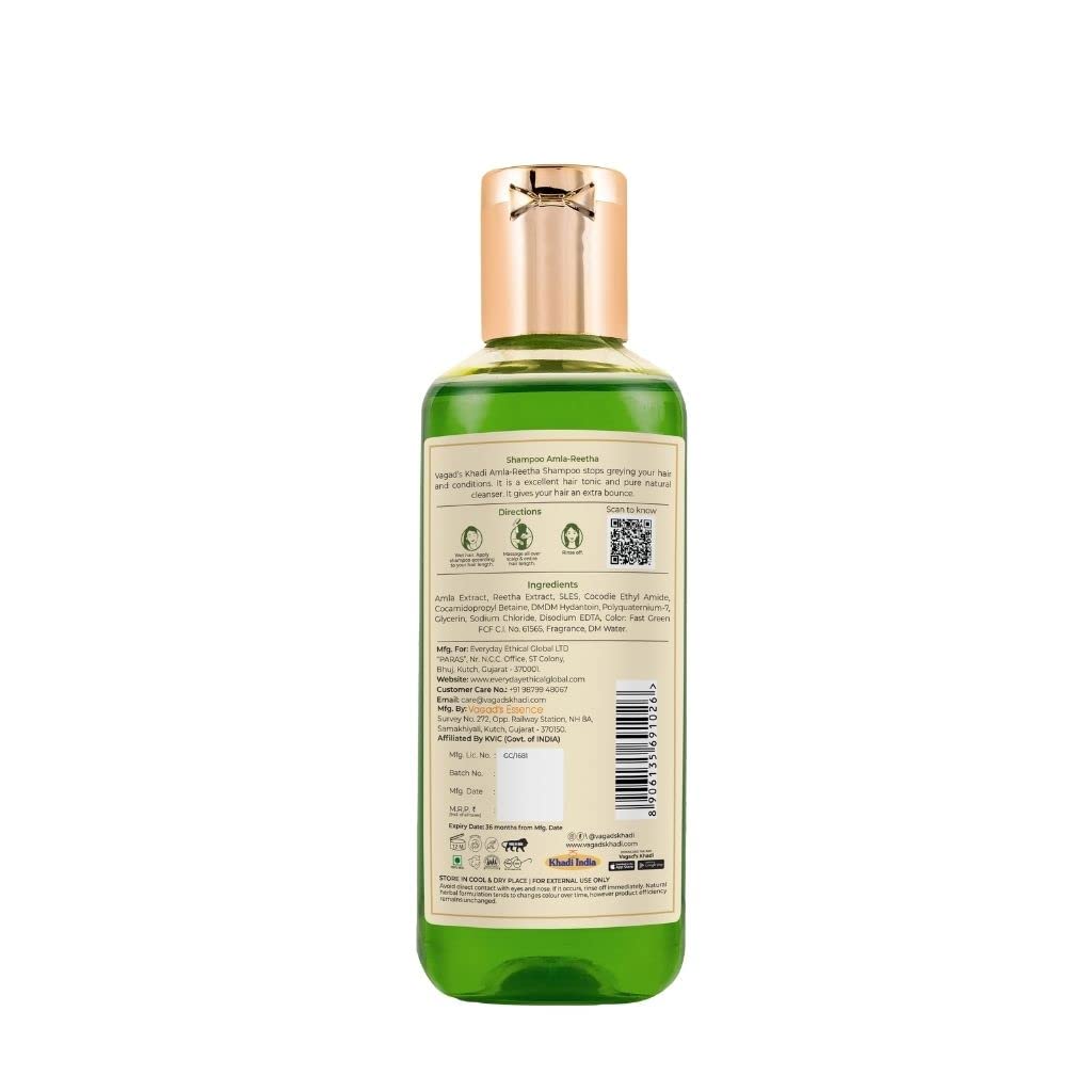 Vagad's Khadi Amla Reetha Shampoo 210ml - Paraben & Silicone Free, Extra Conditioning Hair Care (Pack of 2) | Natural Ayurvedic Shampoo for Dry, Damaged Hair & Scalp Nourishment | Perfect for Daily Use & Hair Repair