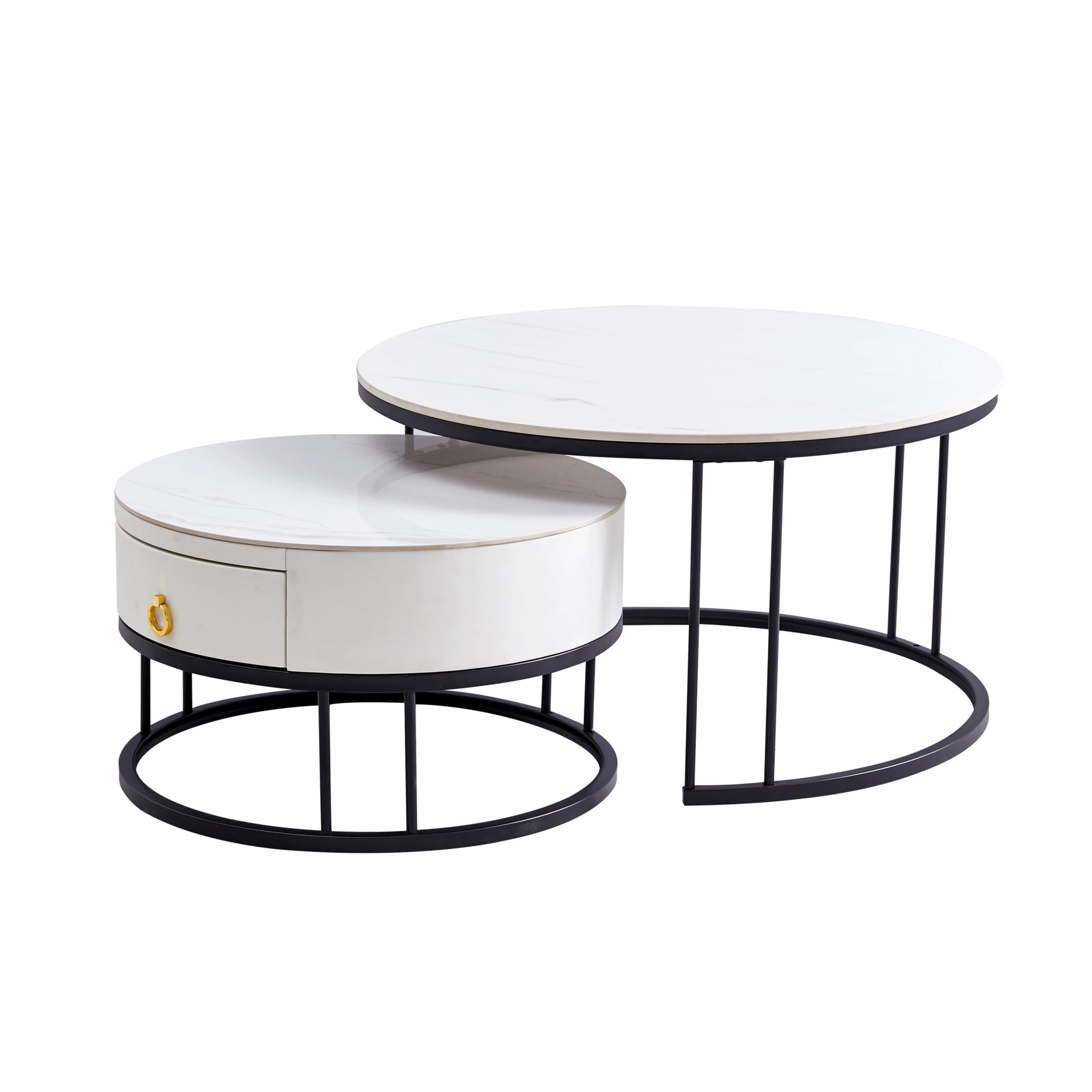 Modern Round Nesting Coffee Table Set of 2 with Sintered Stone Top & Metal Frame - Side End Tables with Hidden Storage Compartment for Living Room, Apartment, Office - Perfect for Small Spaces & Contemporary Home Decor