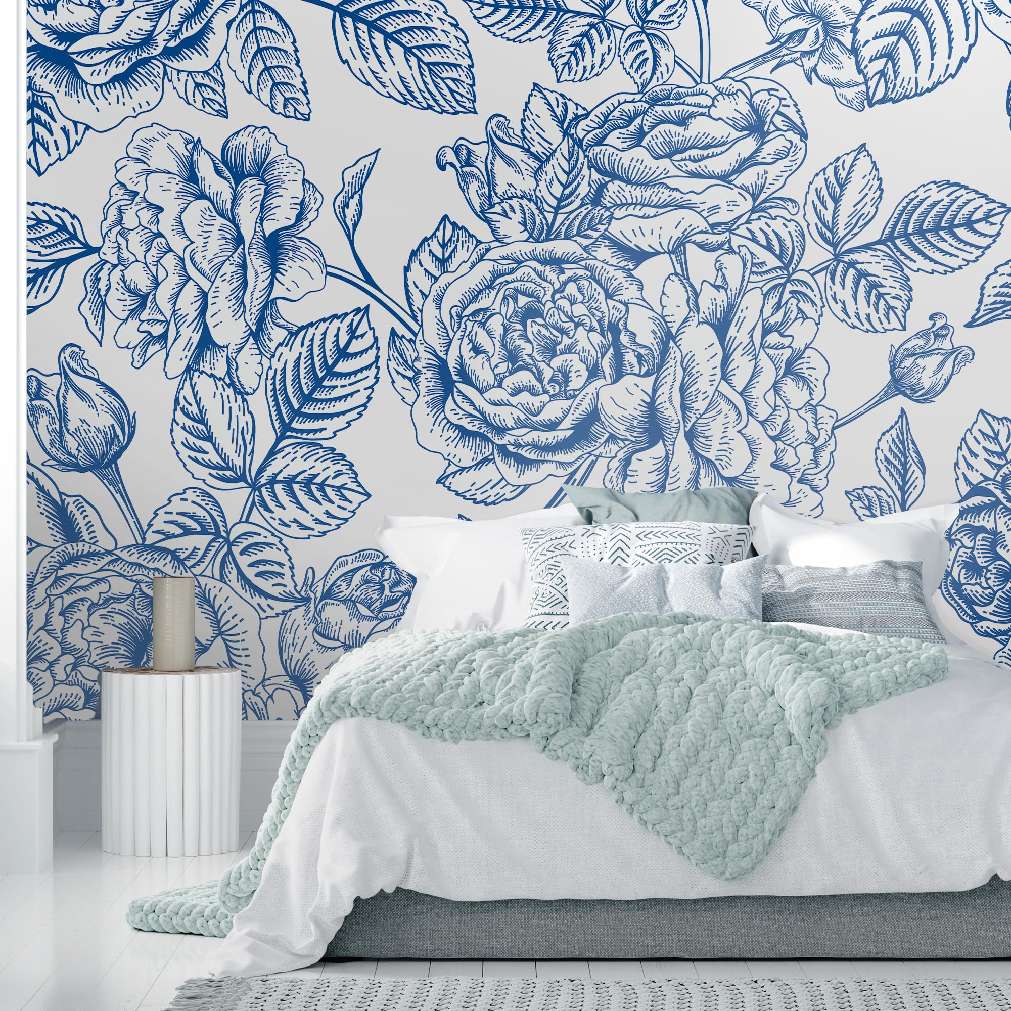 EGD Floral Blue Peel and Stick Wallpaper - Self-Adhesive Removable Wallpaper for Living Room, Bedroom & Home Decor - Easy DIY Wall Covering (6 Panels, 24