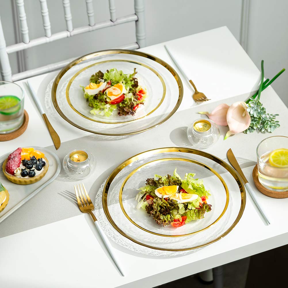 NUPTIO 10-Piece Gold Rim Glass Charger Plates Set - Clear Round Salad Dishes & Dinner Plates for Wedding, Christmas, Easter Party Decor - Elegant Table Setting for Fine Dining, Buffet & Dessert Display