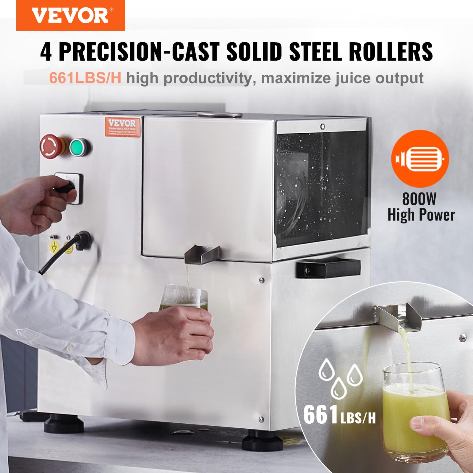 VEVOR 800W Commercial Electric Sugarcane Juicer - 661LBS/H High Capacity with 4 Stainless Steel Rollers & Auto Pressure Adjustment - Perfect for Juice Bars, Restaurants, and Home Use