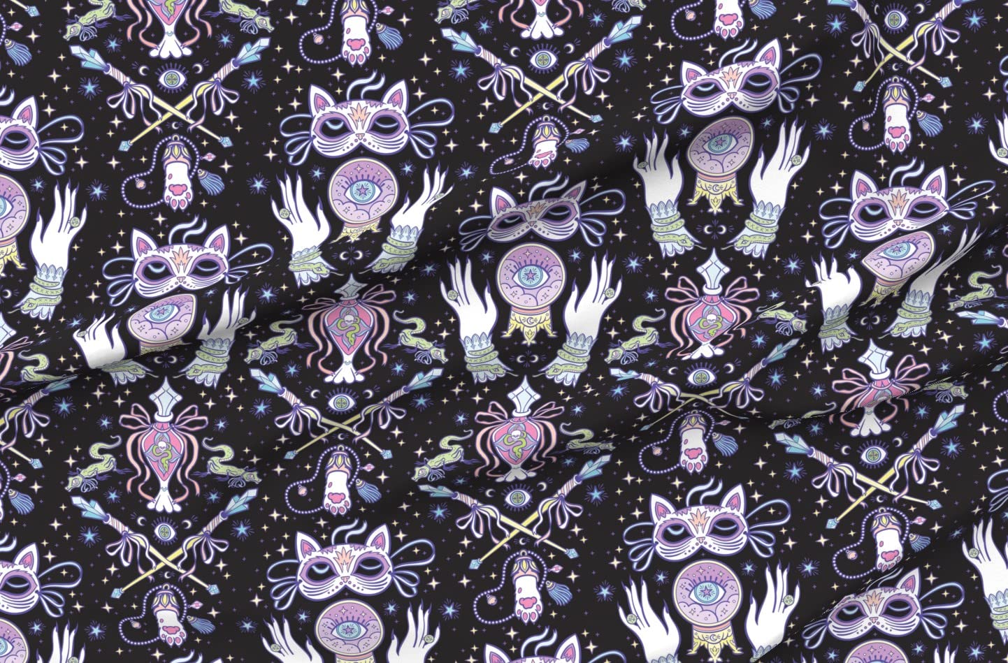 Gothic Party Black Fantasy Printed Satin Fabric by The Yard - Sewing, Lining, Apparel, Fashion, Blankets, Home Decor - Perfect for Halloween Costumes, Gothic Dresses, and DIY Home Decor Projects