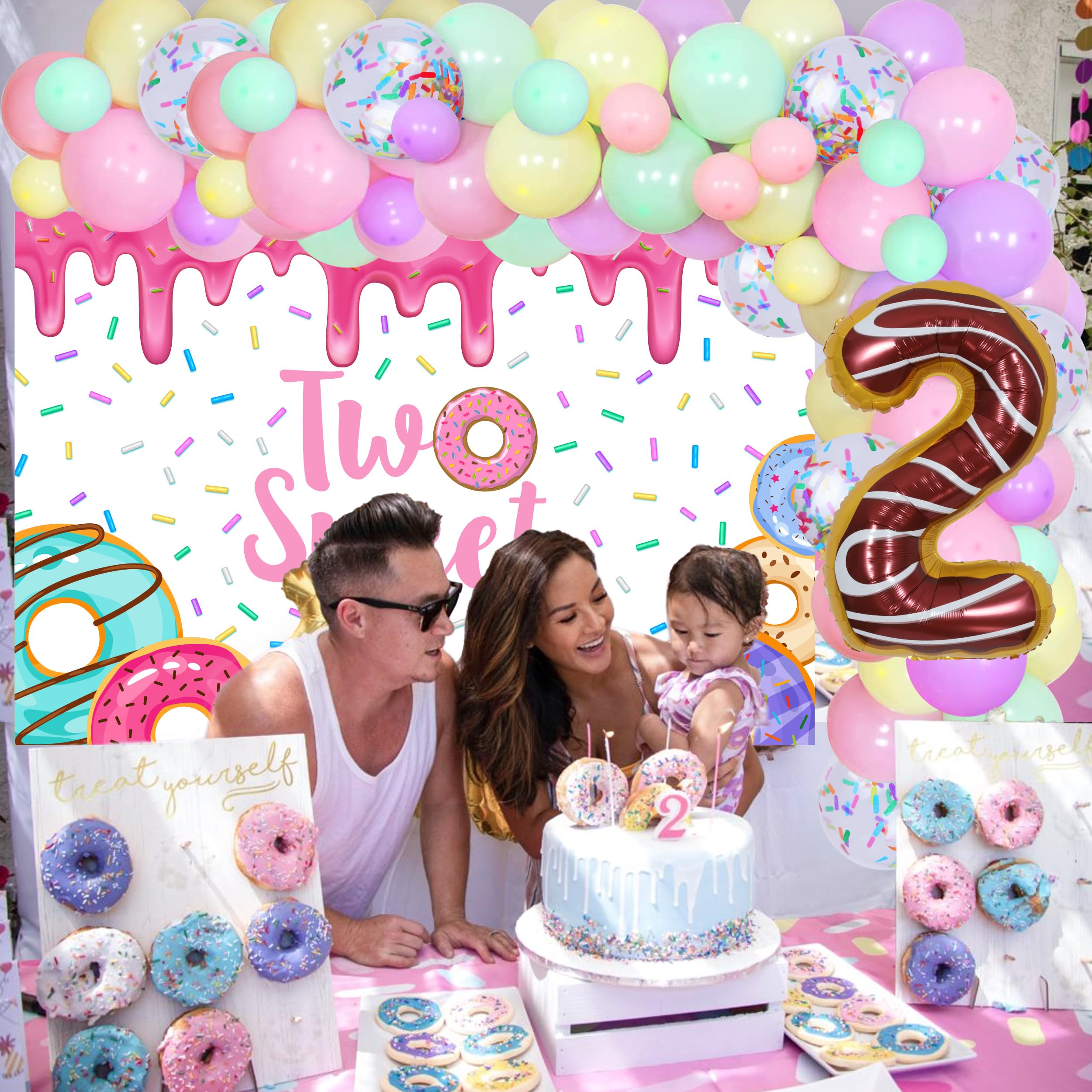 Donut Themed 2nd Birthday Party Decorations for Girls - Sweet Macaron Balloon Garland Kit with 5x3ft Backdrop & Number 2 Foil Balloon | Perfect for Baby Girl's Birthday, First Birthday, Donut Party & Photo Booth Decor