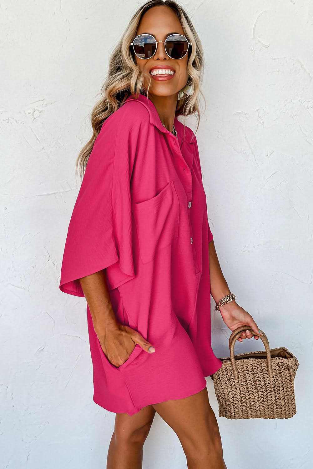 Bright Pink Half Button Collared Loose Romper for Women - Summer Casual Jumpsuit with Pockets | Perfect for Beach, Vacation & Outdoor Activities