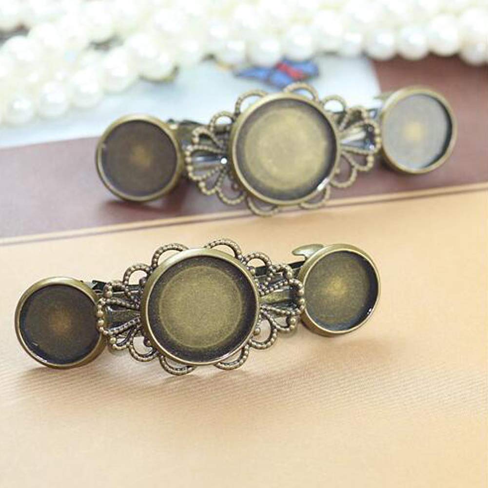 10 Pieces Metal Hair Clips with Round Tray Base for 12mm & 16mm Cabochon Settings - DIY Hair Barrettes with Hairgrip Base - Antique Bronze Hair Accessories for Women, Girls, Bridal & Cosplay Use