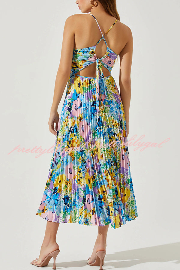 Floral Print Pleated Midi Dress with Back Tie Detail - Perfect for Wedding Parties, Bridal Showers & Summer Events