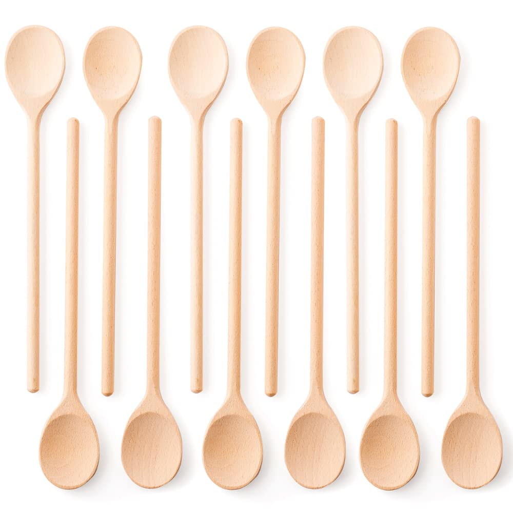 Premium 10 Inch Wooden Spoons for Cooking - Set of 12 Long Handle Wooden Utensils for Mixing, Stirring, Baking & Tasting - Natural Kitchen Tools for Cooking, Crafting & Personalized Engraving - Perfect for Home Chefs, Bakers & DIY Enthusiasts